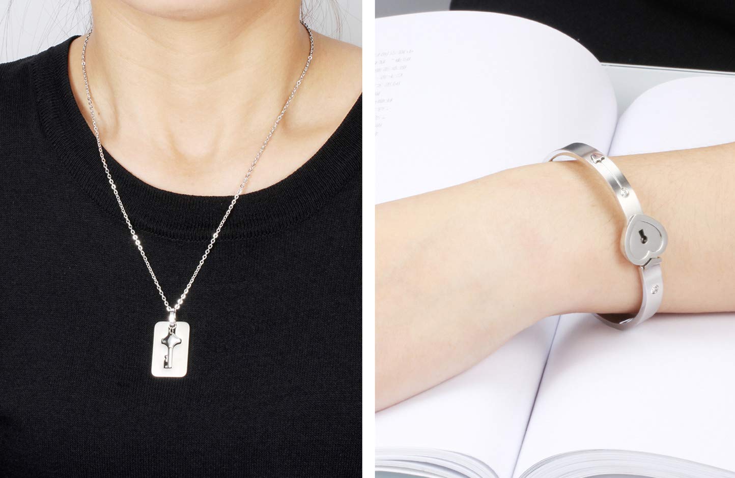 His and Her Matching Love Heart Key Lock Bangle Bracelet & Necklace Set - Romantic Couple Jewelry for Women & Men | Anniversary, Valentine's Day Gift Idea for Boyfriend & Girlfriend