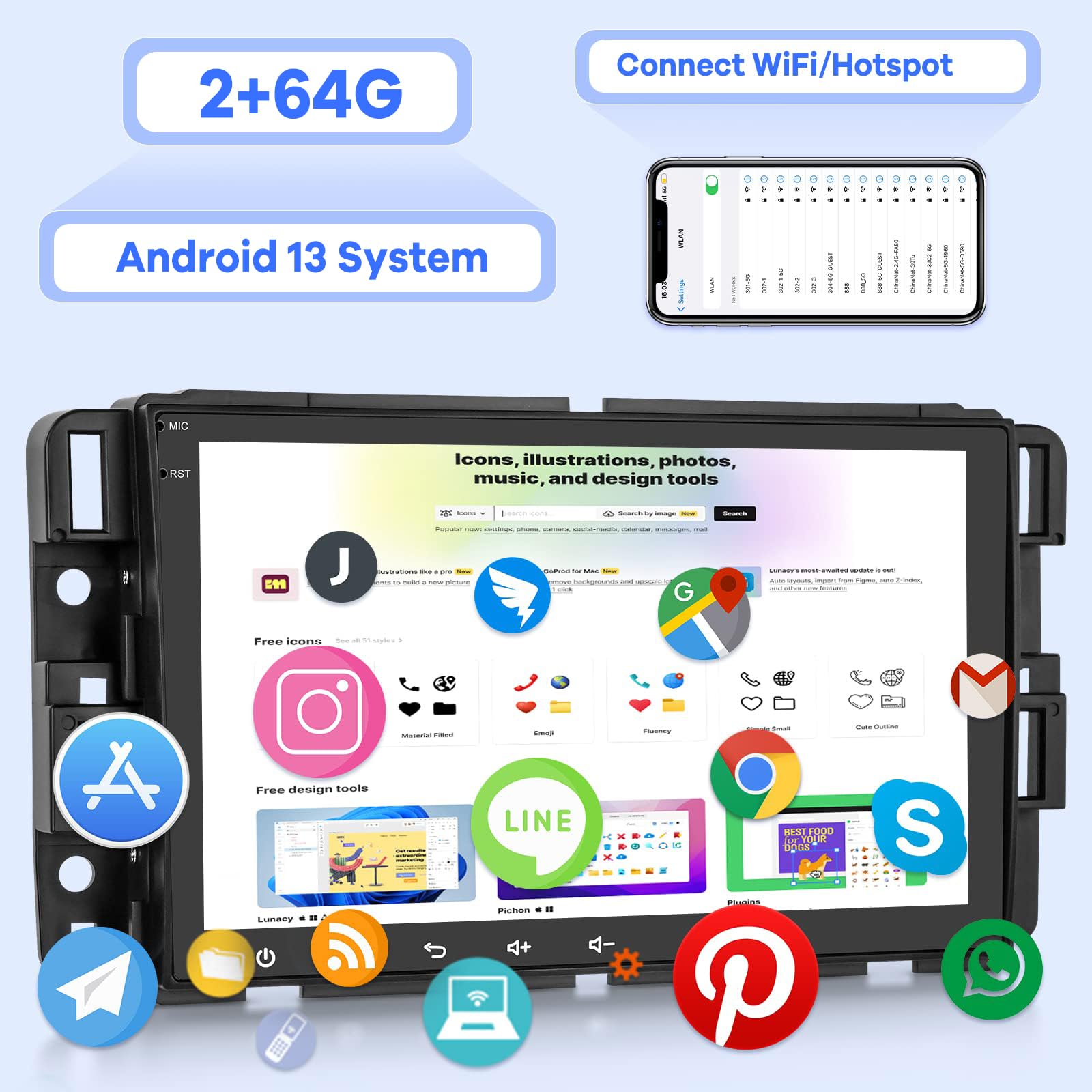2G+64G 8-inch Android 13 Car Stereo for Chevrolet Silverado GMC Buick - Touch Screen Radio with CarPlay, Android Auto, Hi-Fi Audio, 1080P, Bluetooth, SWC - Includes AHD Backup Camera & MIC - Perfect for Upgrading Your Truck or SUV Audio System