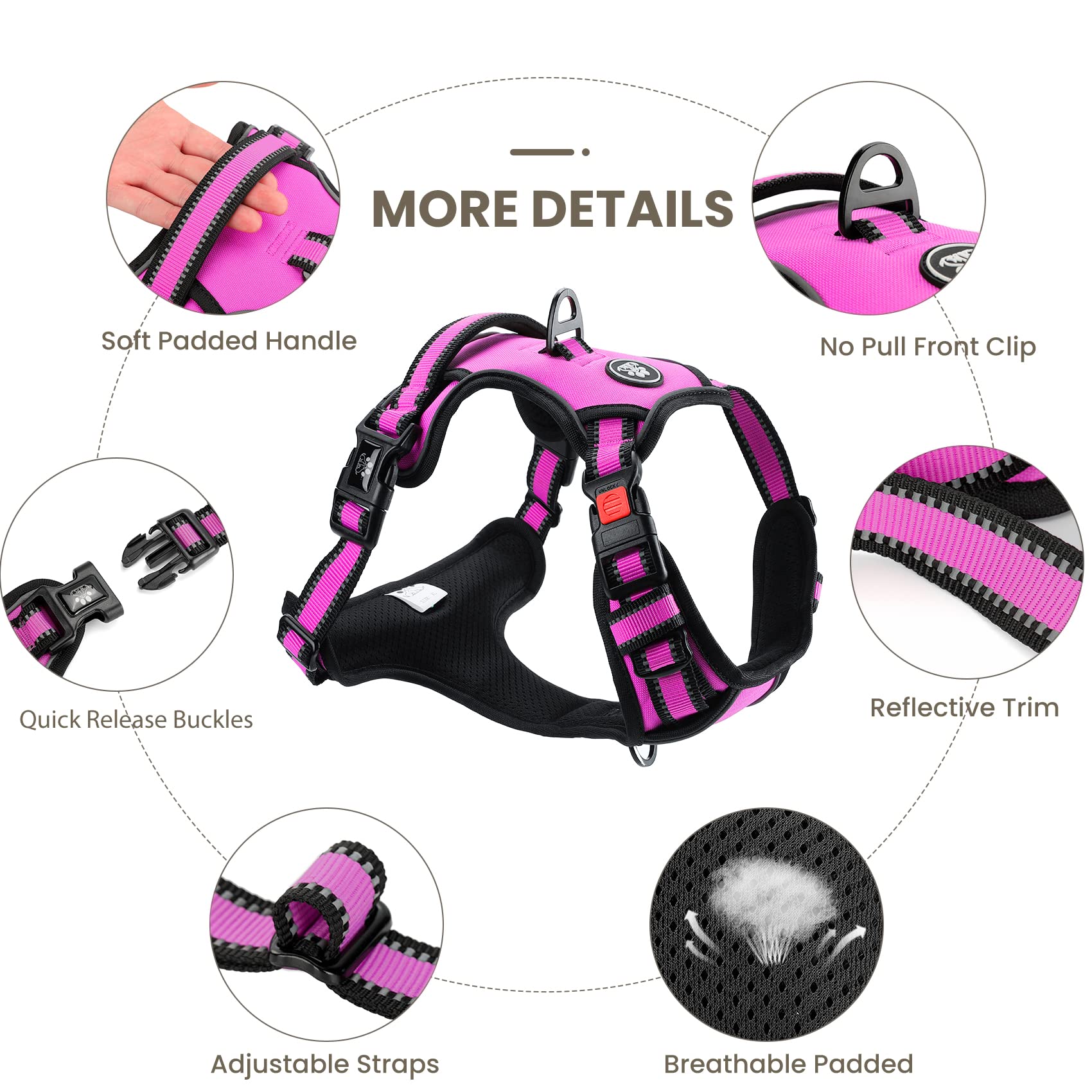 FURRYFECTION No Pull Dog Harness with Reflective Oxford & Padded Handle - Adjustable Pet Vest for Small Medium Large Dogs (Rose, Size L) - Perfect for Walking, Running & Outdoor Adventures