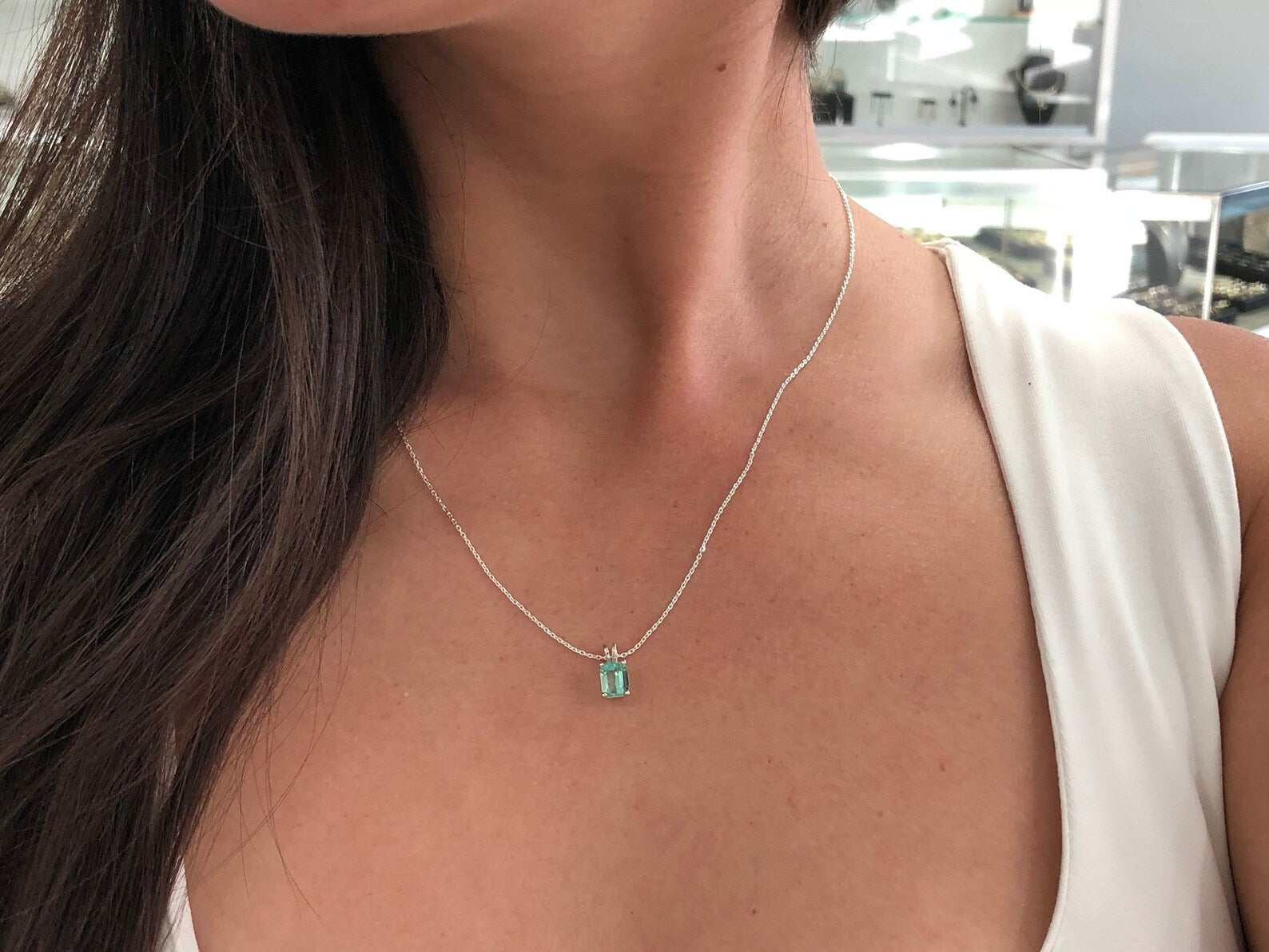 1.46 Carat Natural Emerald Silver Necklace - Bright Rich Green Gemstone, 4 Prong Solitaire with Double Bail Pendant | Perfect for Weddings, Anniversaries & Special Occasions