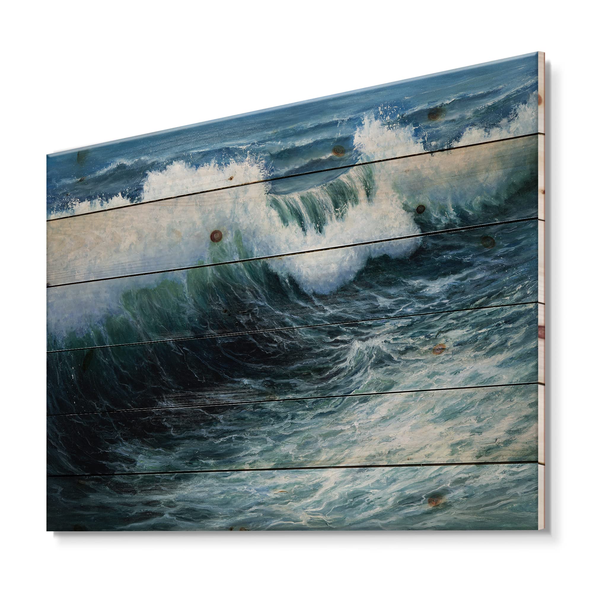 DesignQ Storm Waves In The Ocean Nautical Wood Wall Art - Blue Coastal Decor, Large Beach Wood Wall Panels Printed on Natural Pine - Perfect for Living Room, Bedroom & Beach House Decor