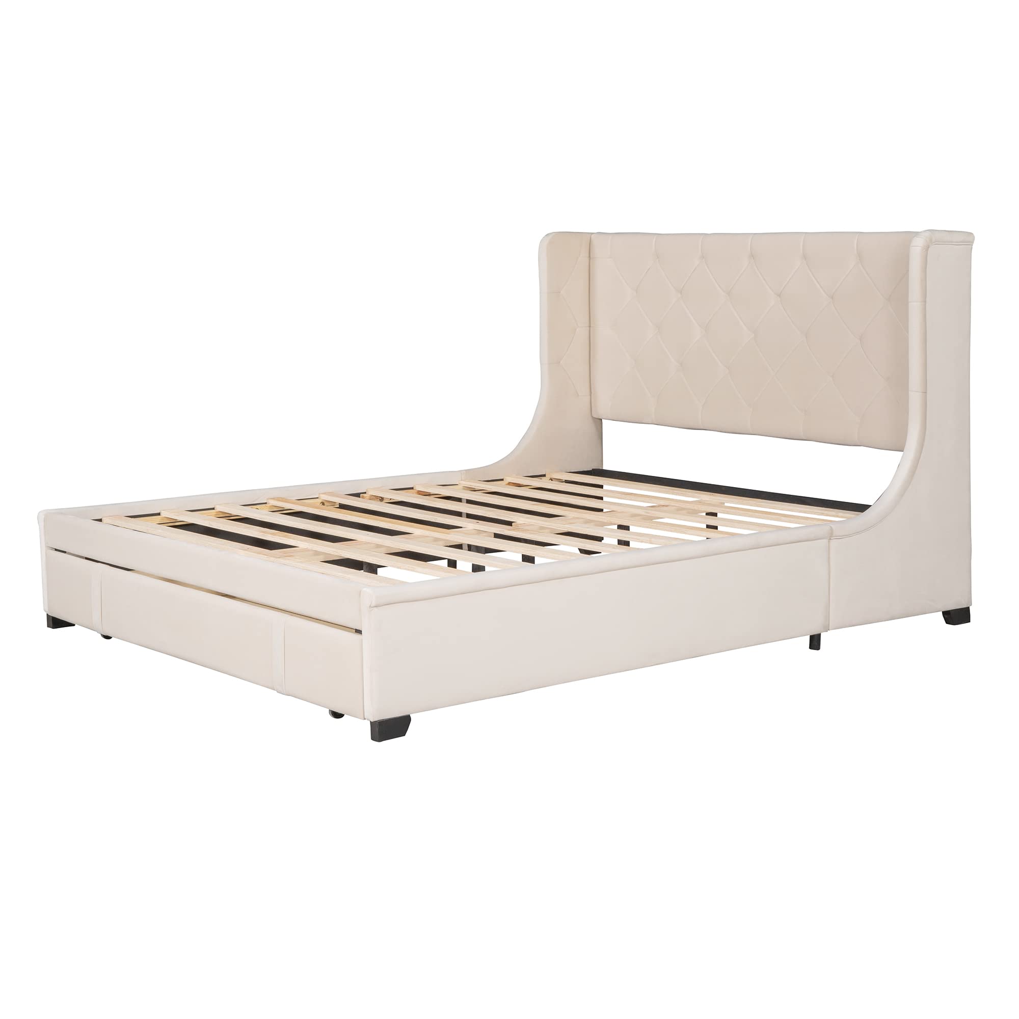 TRIPLE TREE Queen Size Storage Bed with Drawers - Upholstered Platform Bed Frame with Wingback Headboard & Wooden Slat Support | Sturdy Bedroom Furniture for Teens & Adults | Perfect for Small Spaces & Guest Rooms (Beige)