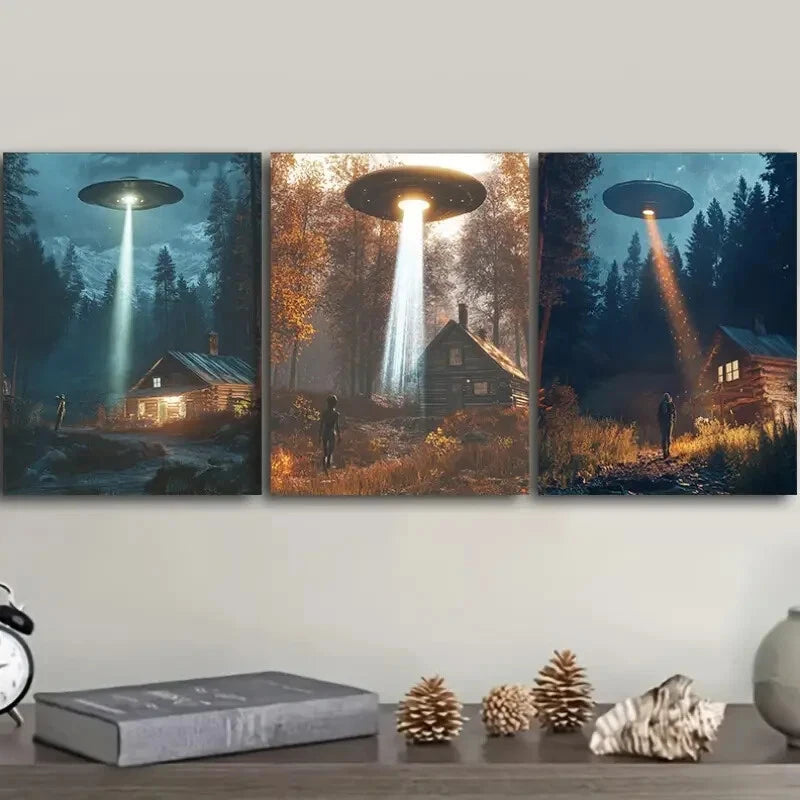3-Piece Alien Ship Wall Art Set - Framed Canvas 40x60cm | High Quality Print | 100% Australian Made | Ready to Hang | Perfect for Sci-Fi Bedroom, Living Room & Office Decor