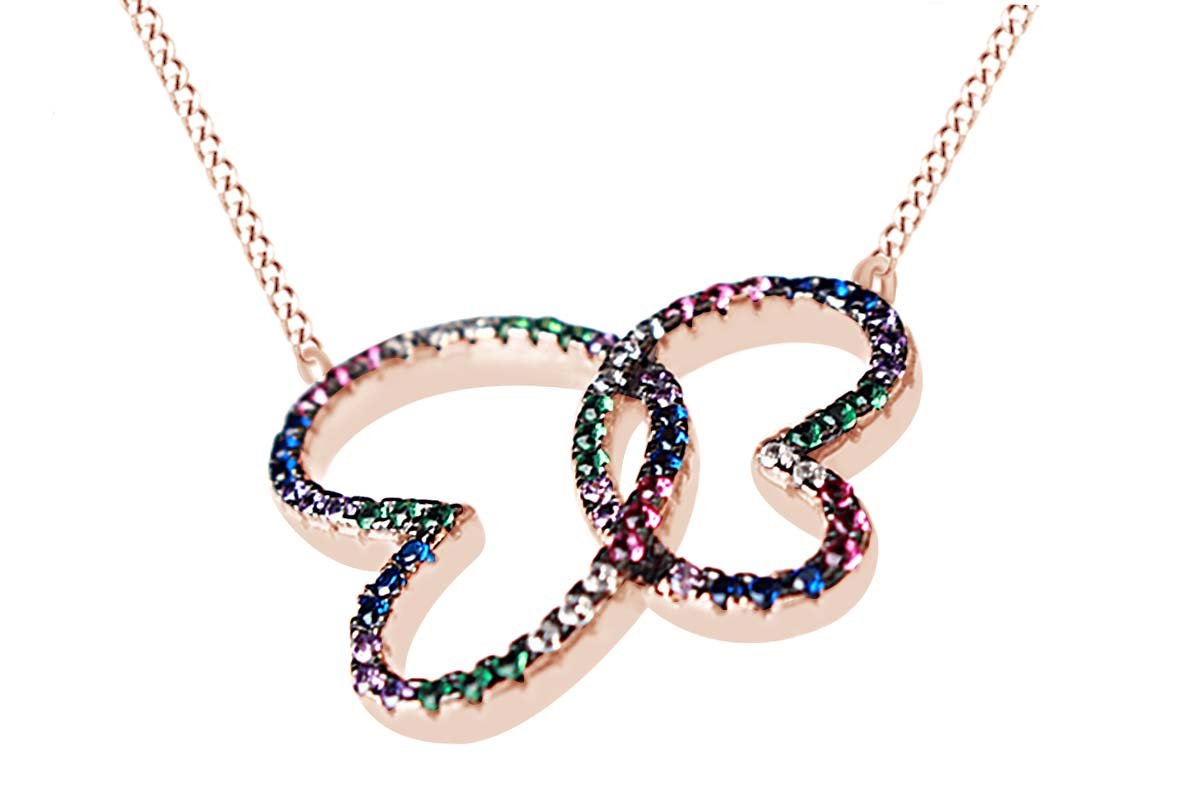 Trendy Rainbow Simulated Gemstone Butterfly Pendant Necklace - Sterling Silver 18