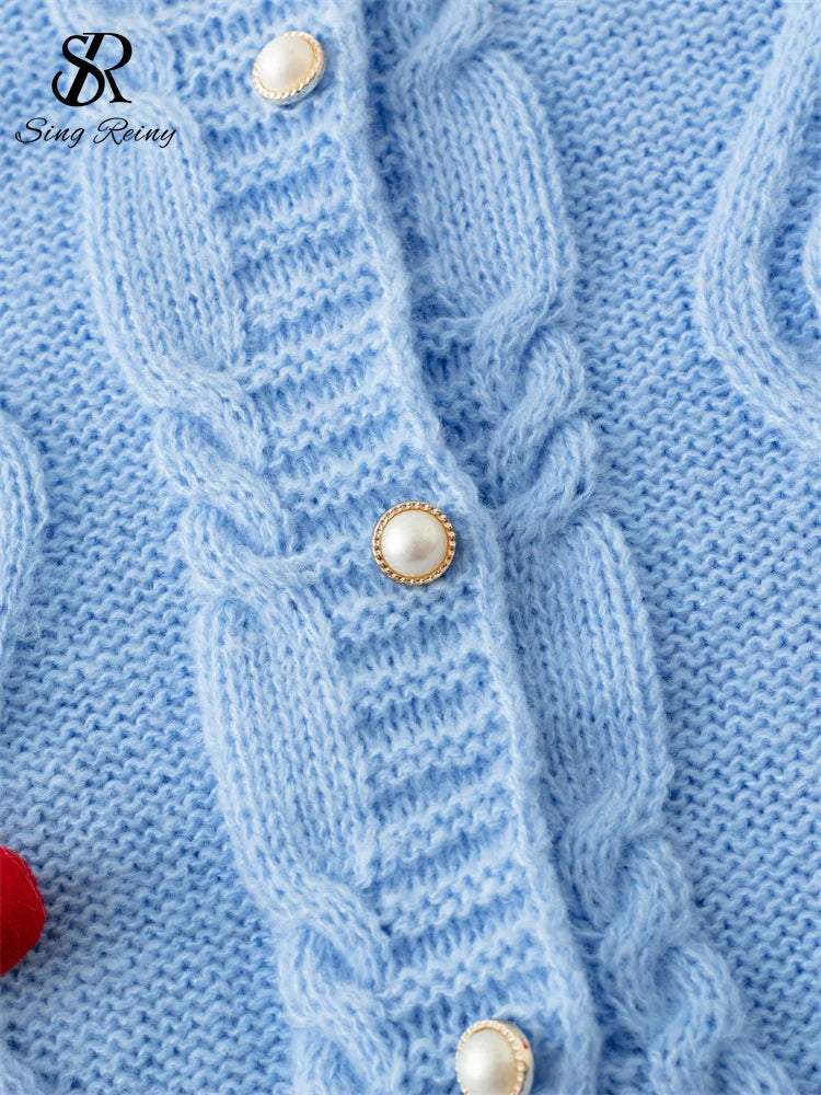 3D Cherry Print O-Neck Long Sleeve Pearl Button Knit Sweater for Women - Cozy Winter Pullover for Casual Wear & Office Outfits
