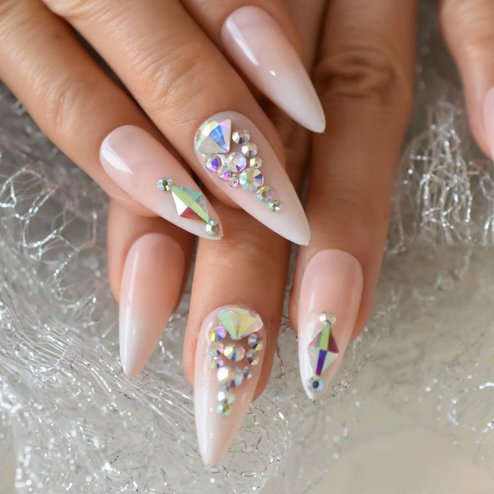 EchiQ Ombre Stiletto Nails - Pink White Gradient Fake Nails with 3D Diamond Rhinestones | Long Luxury False Nails for Parties, Weddings & Special Occasions