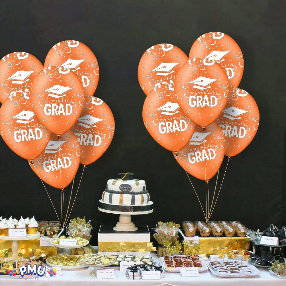 25 Pack Orange Graduation Balloons Class of 2025 with Printed White Grad Caps, Confetti & Streamers - Latex Party Decorations for Graduation Ceremony, College Celebration & Grad Party Decor
