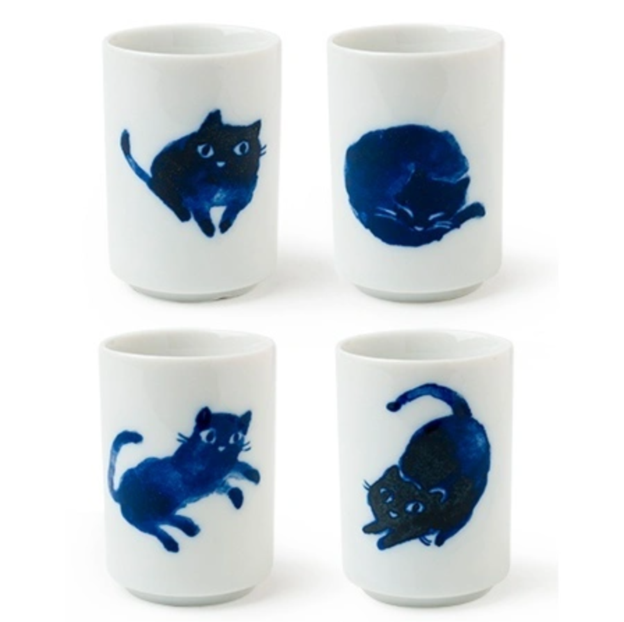 Midnight Cat Teacups Set of 4 - Elegant Black Cat Design Ceramic Tea Cups for Coffee & Tea Lovers - Perfect for Afternoon Tea, Gifts, and Halloween Decor