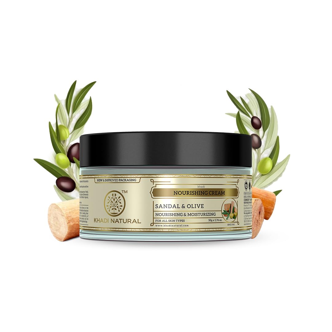 Khadi Natural Ayurvedic Sandal & Olive Face Nourishing Cream with Shea Butter | Deep Hydration & Skin Revitalization for Dry & Sensitive Skin | Herbal Glow Formula | 50g | Perfect for Night Care & Daily Moisturizing