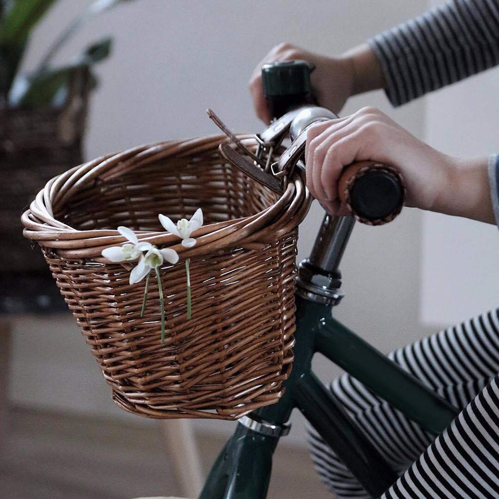 aihihe Wicker D-Shaped Bike Basket for Beach Cruiser - Hand-Woven Portable Bicycle Handlebar Storage Basket with Leather Straps | Perfect for Shopping, Picnics & Beach Rides