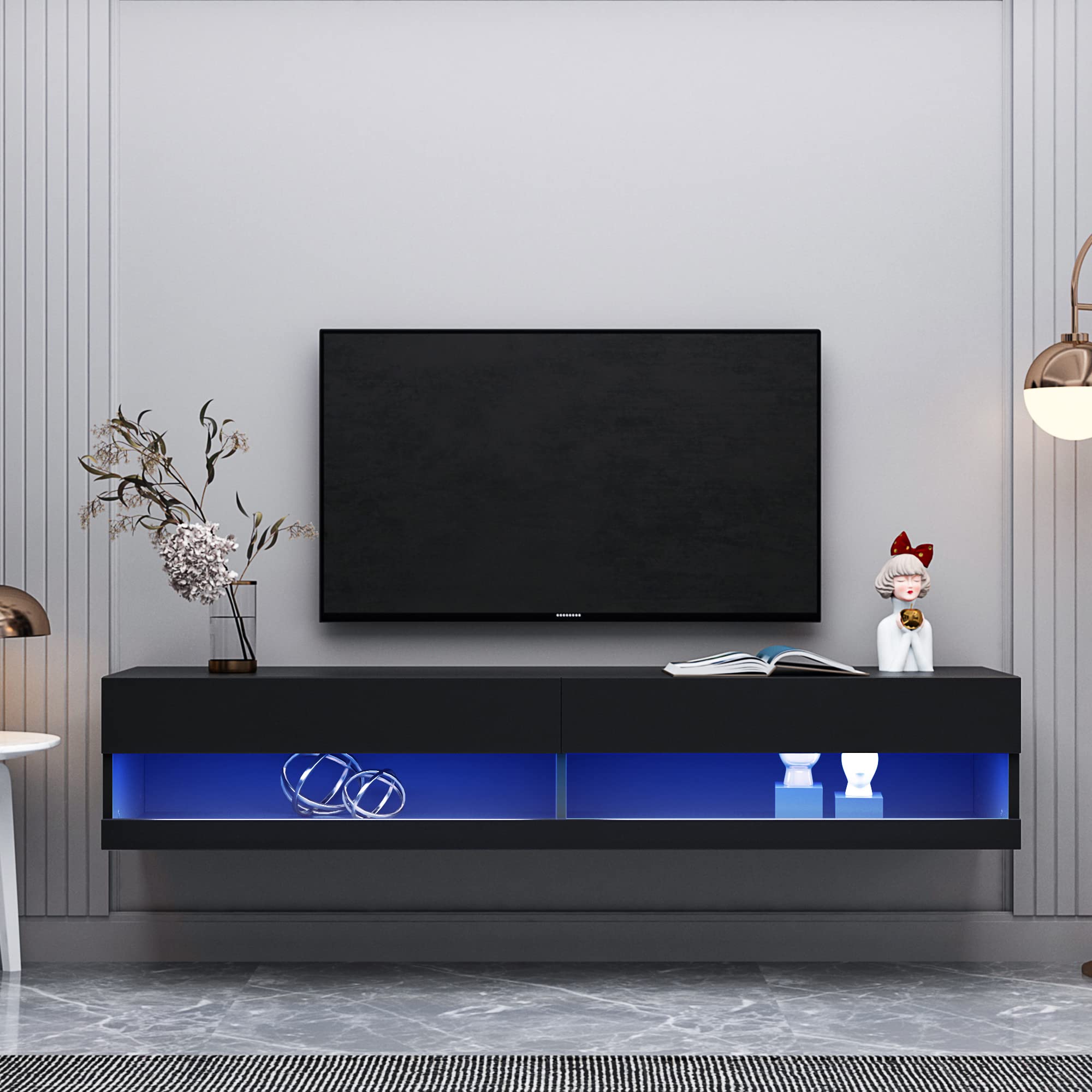Floating LED TV Stand for 65-80 Inch TVs - Modern High Gloss Wall Mounted Entertainment Center with LED Lights - Black | Perfect for Living Room, Bedroom & Home Theater Setup