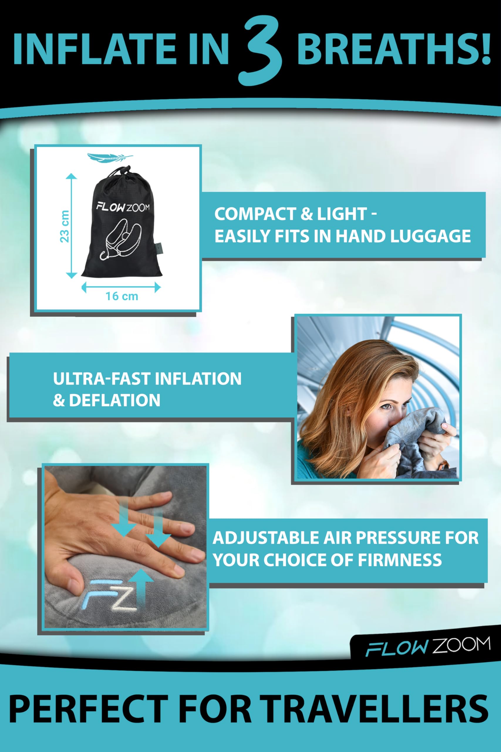 FLOWZOOM AIR Inflatable Travel Pillow for Airplane - Hooded Neck Pillow with Adjustable Support - Compact & Comfortable Flight Pillow for Long Trips - Perfect for Air Travel, Road Trips & Camping - Grey
