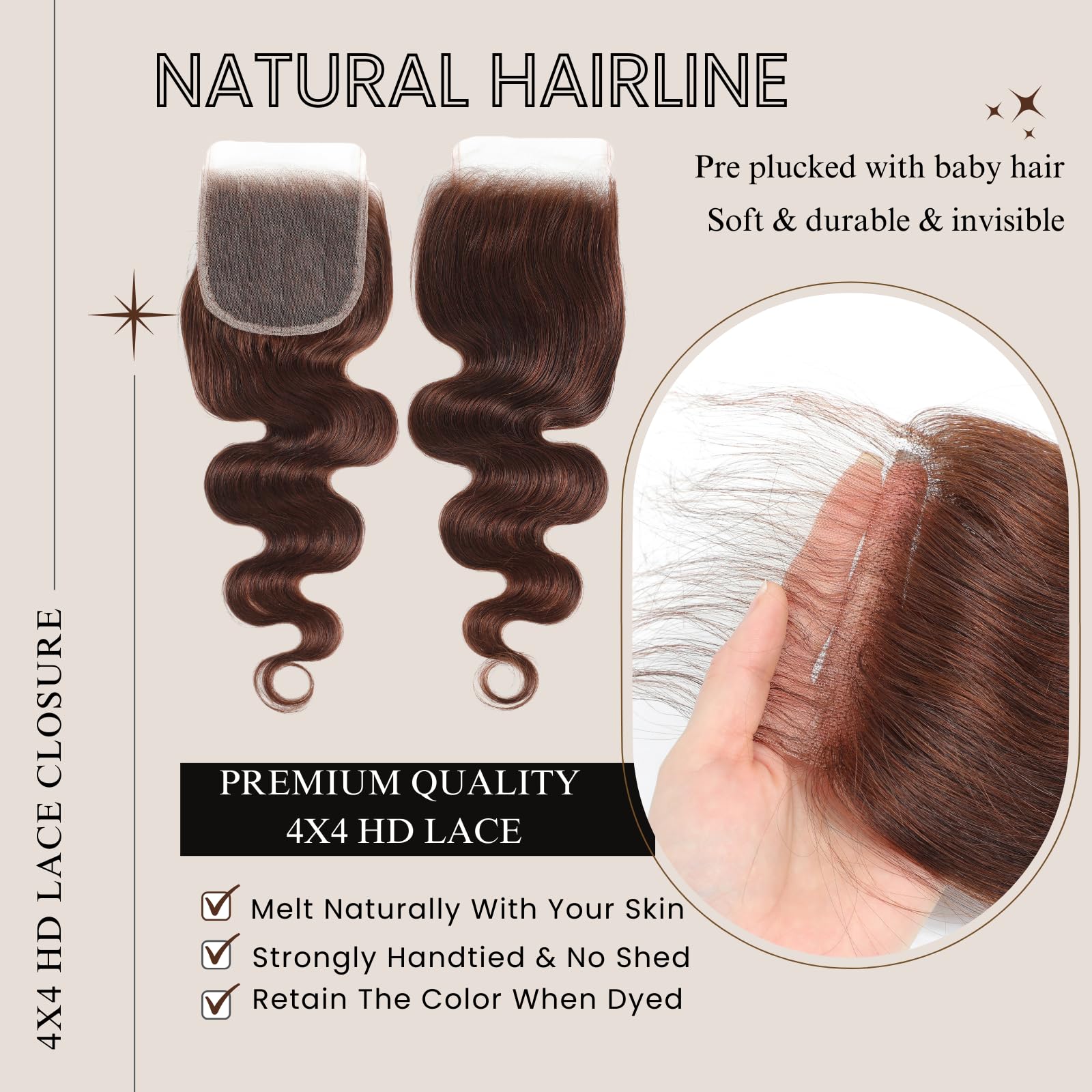 ALHER 10A 100% Unprocessed Virgin Remy Hair Bundles - Chocolate Brown #4 Body Wave with 4x4 HD Lace Closure (16/18/20+16 inches) | Soft, Thick & Natural Looking | Perfect for Everyday Wear, Special Occasions & Protective Styles