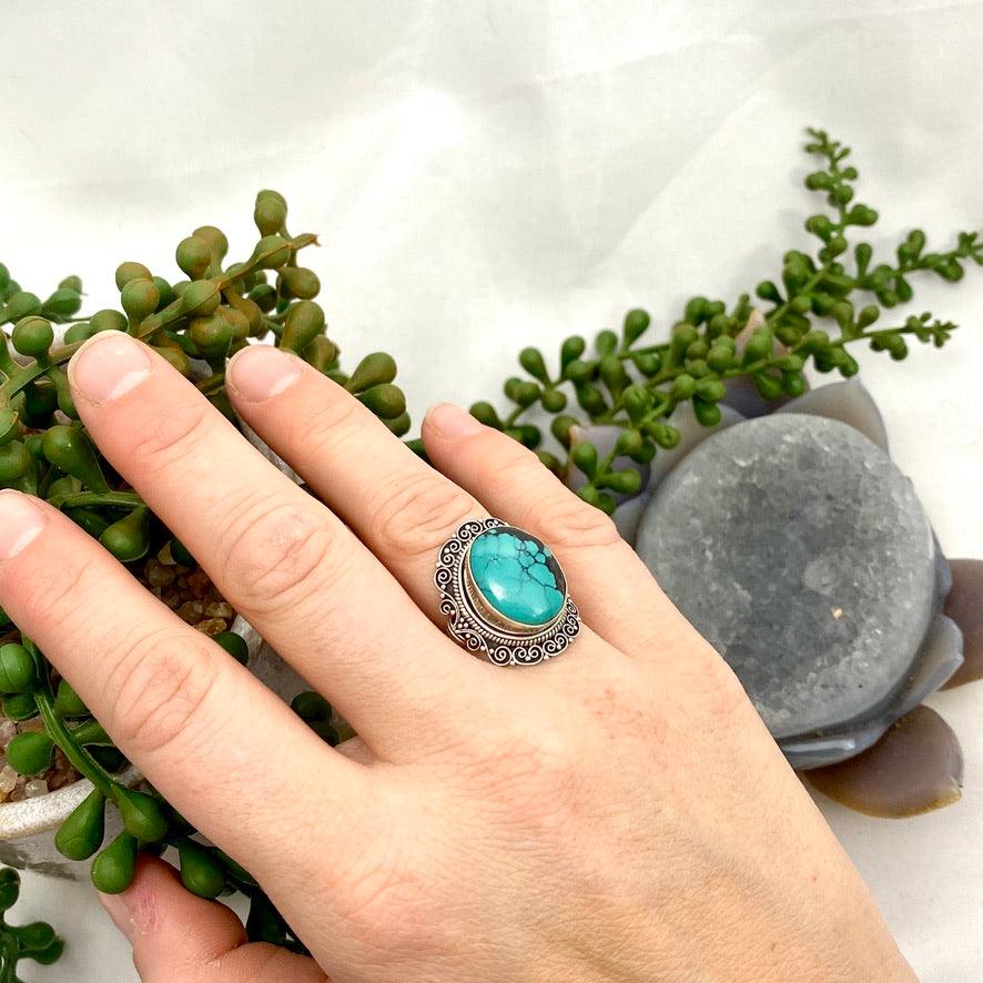Boho Style Turquoise Oval Ring Size 7 - Handmade Sterling Silver Jewelry for Women, Perfect for Festivals, Weddings & Everyday Wear KRGJ2778