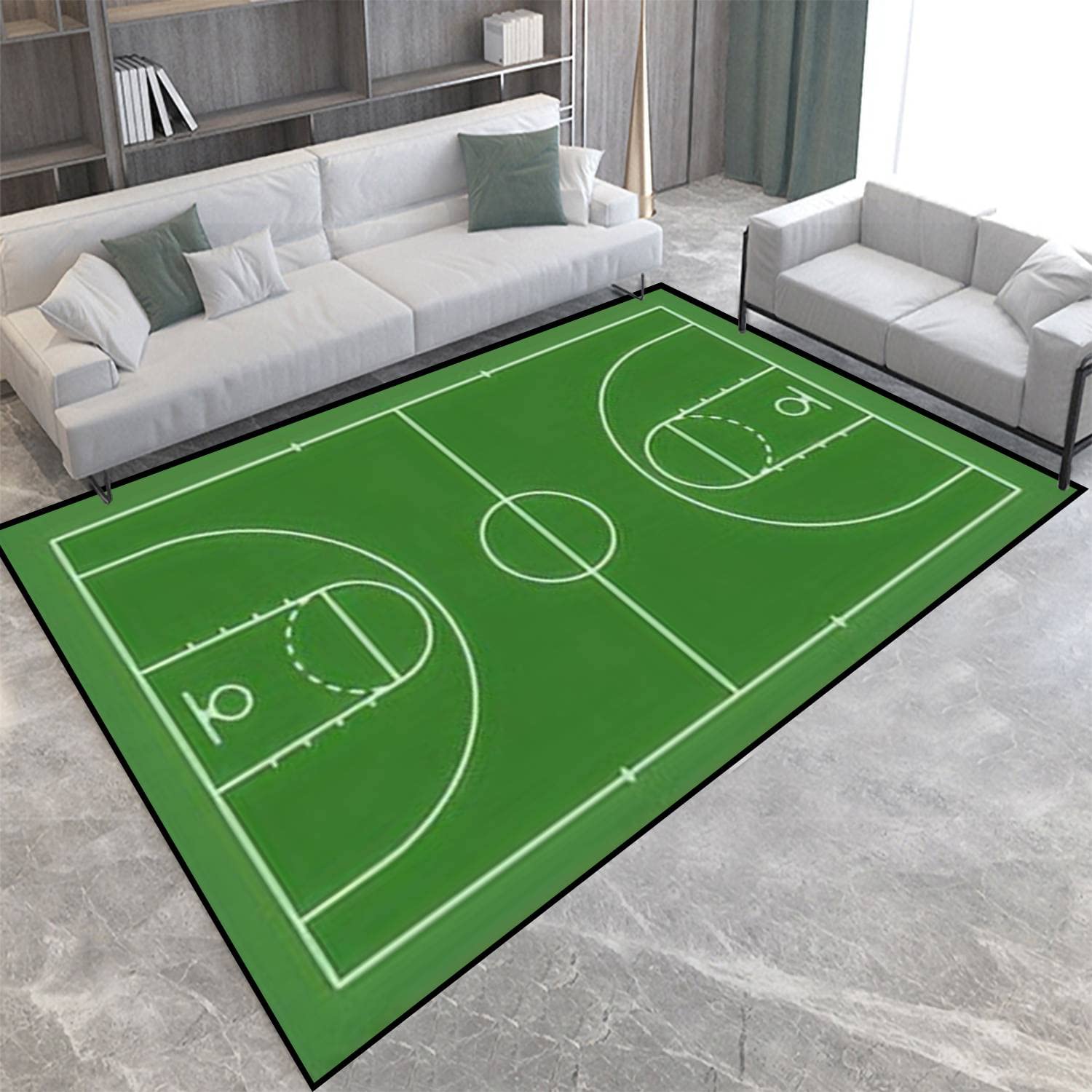 Green Basketball Court Area Rug - Non-Slip Soft Carpet Floor Mat for Indoor/Outdoor Use - Perfect for Living Room, Bedroom, Kids Room & Yoga Space - Durable Home Decor for Sports Fans