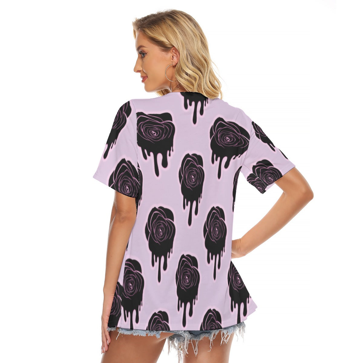 Stylish Black Rose Print V-Neck Short Sleeve T-Shirt with Web Detailing - Perfect for Casual Outings, Streetwear Fashion, and Summer Wardrobe