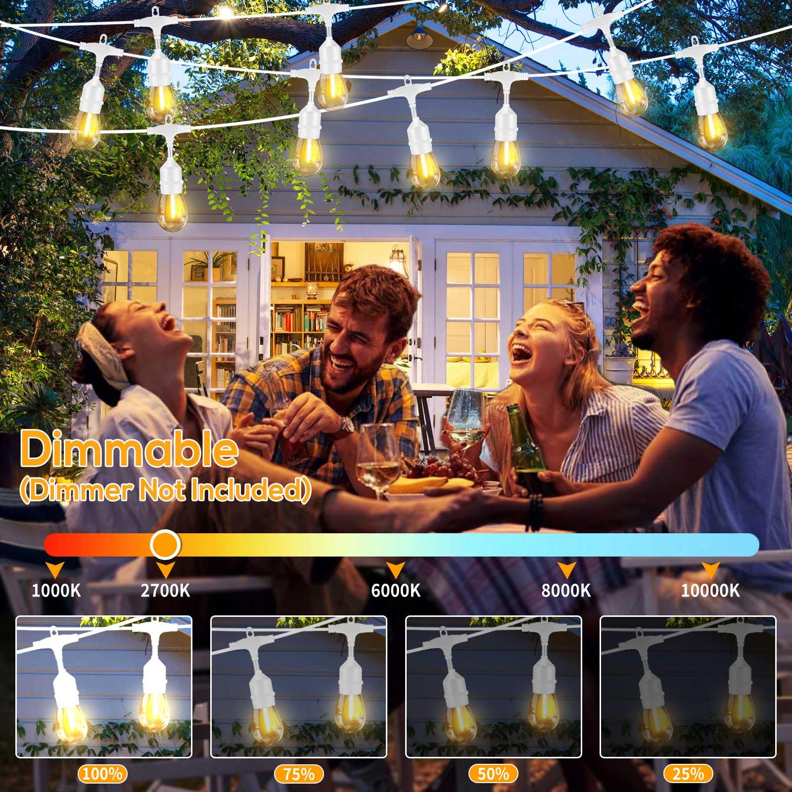 100FT LED Outdoor String Lights - 32 Dimmable Shatterproof 1W Bulbs, White Waterproof Patio Lights for Wedding, Pergola, Gazebo, Bistro - Perfect for Backyard, Garden, and Outdoor Party Decorations