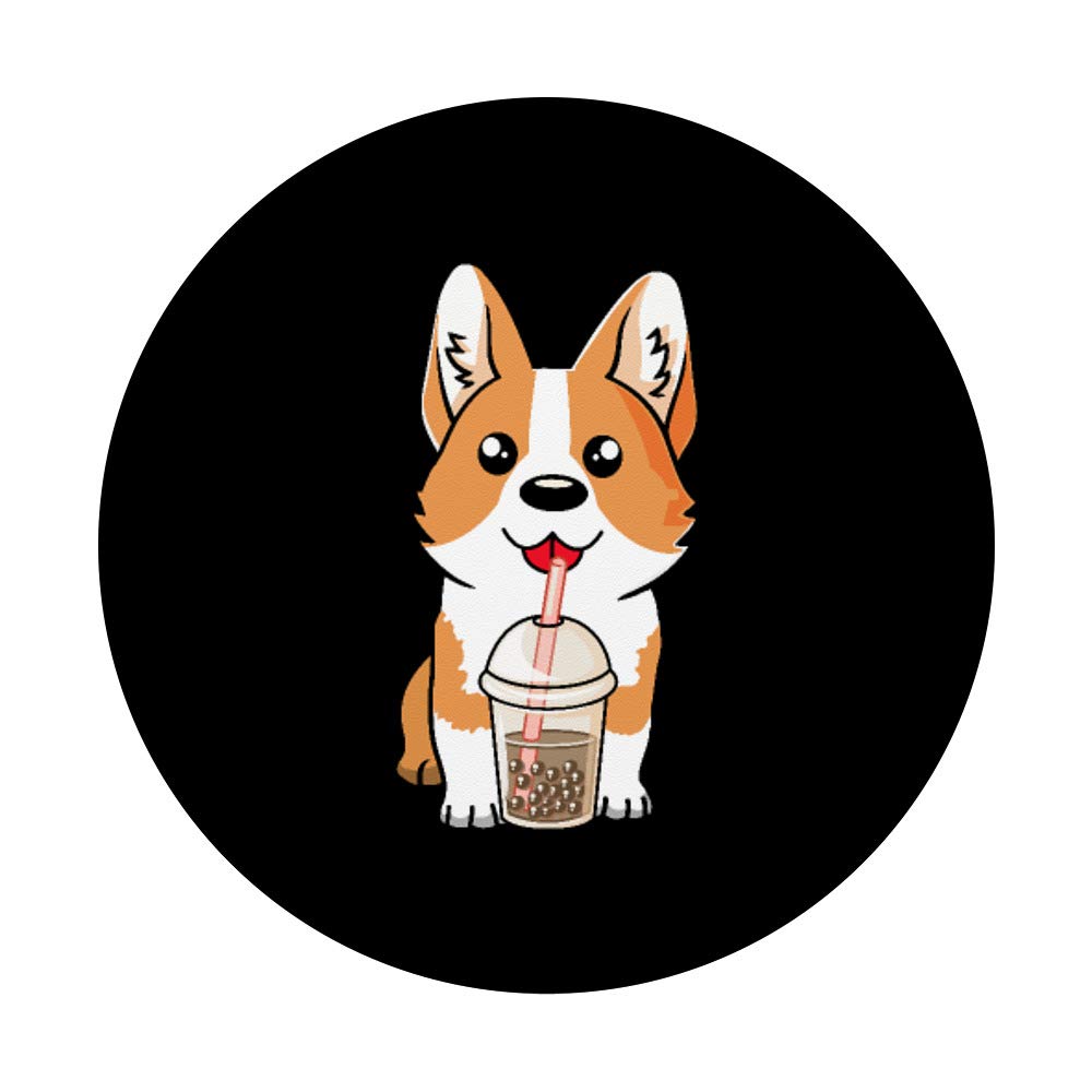 Boba Milk Tea Corgi Dog Puppy Lover Kawaii Japanese Anime PopSockets Swappable PopGrip - Cute Phone Grip for Bubble Tea Fans, Anime Lovers & Pet Owners