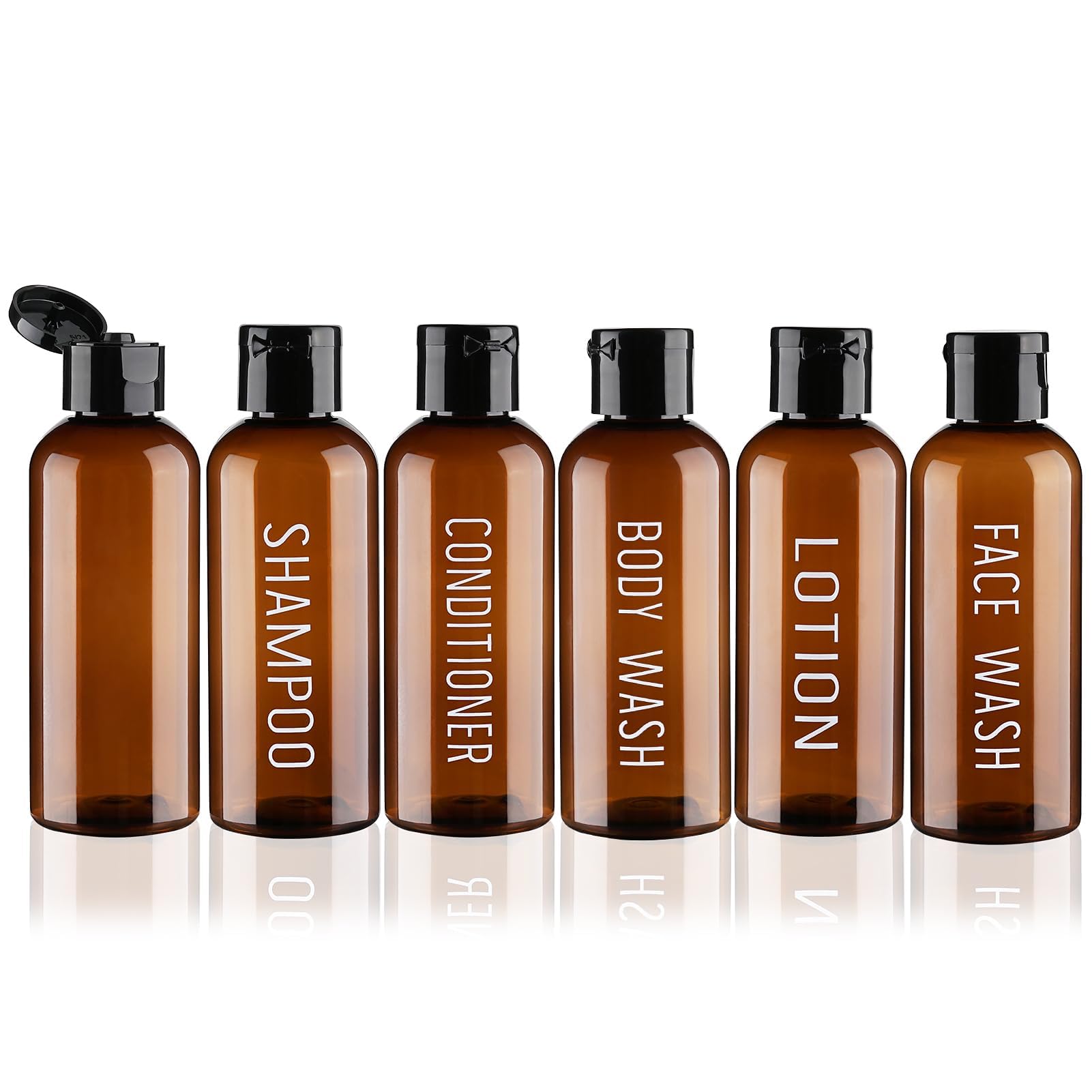 6 Pack 3.4oz TSA Approved Leak Proof Travel Bottles for Shampoo, Conditioner & Toiletries | Reusable Plastic Squeeze Containers | Perfect for Airplane Carry-On, Gym & Vacation Essentials (Brown)