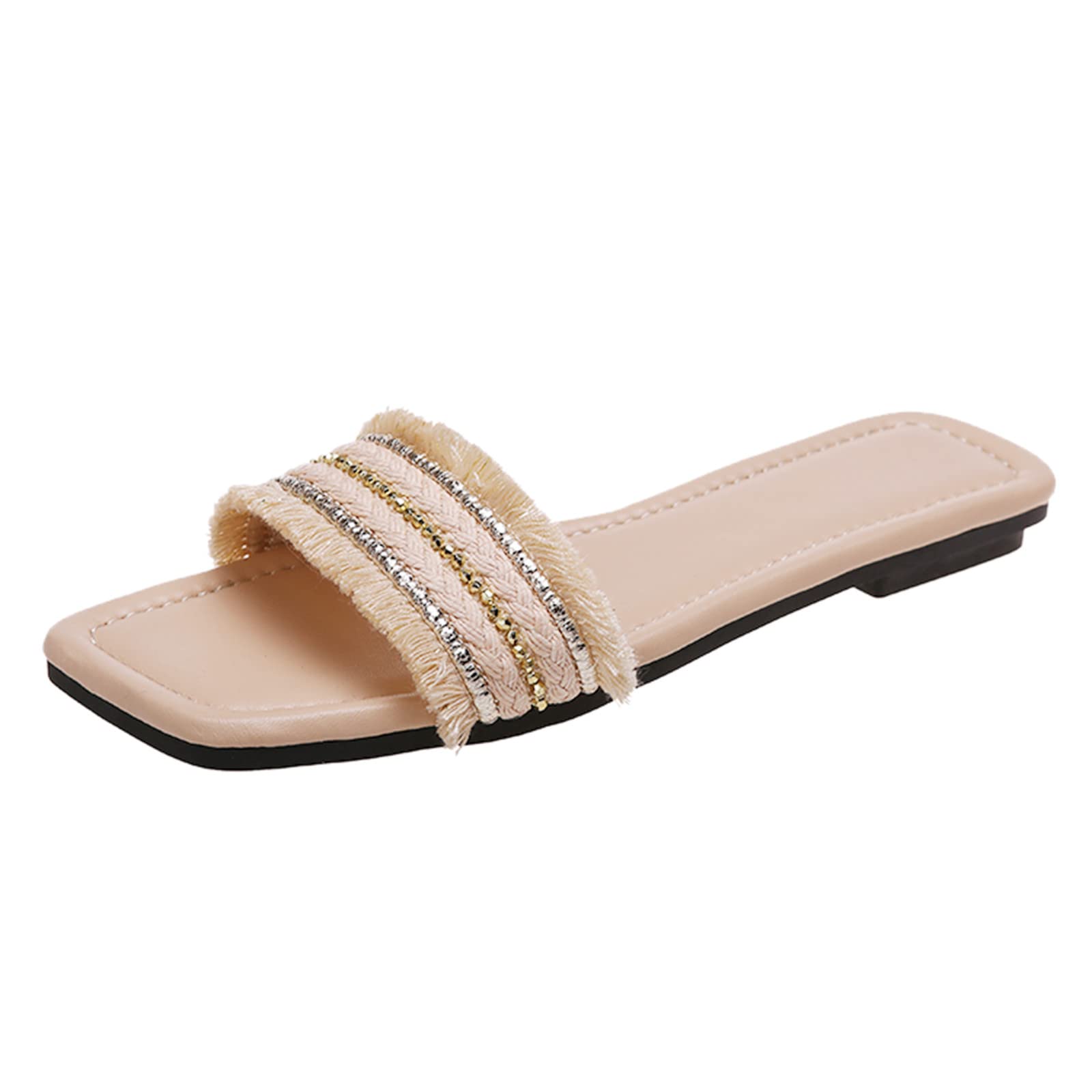 Women's Comfortable Beaded Fringe Slippers - Flat Open Toe Sandals for Summer, Beach & Home | Fashionable Square Headband Design in Blue