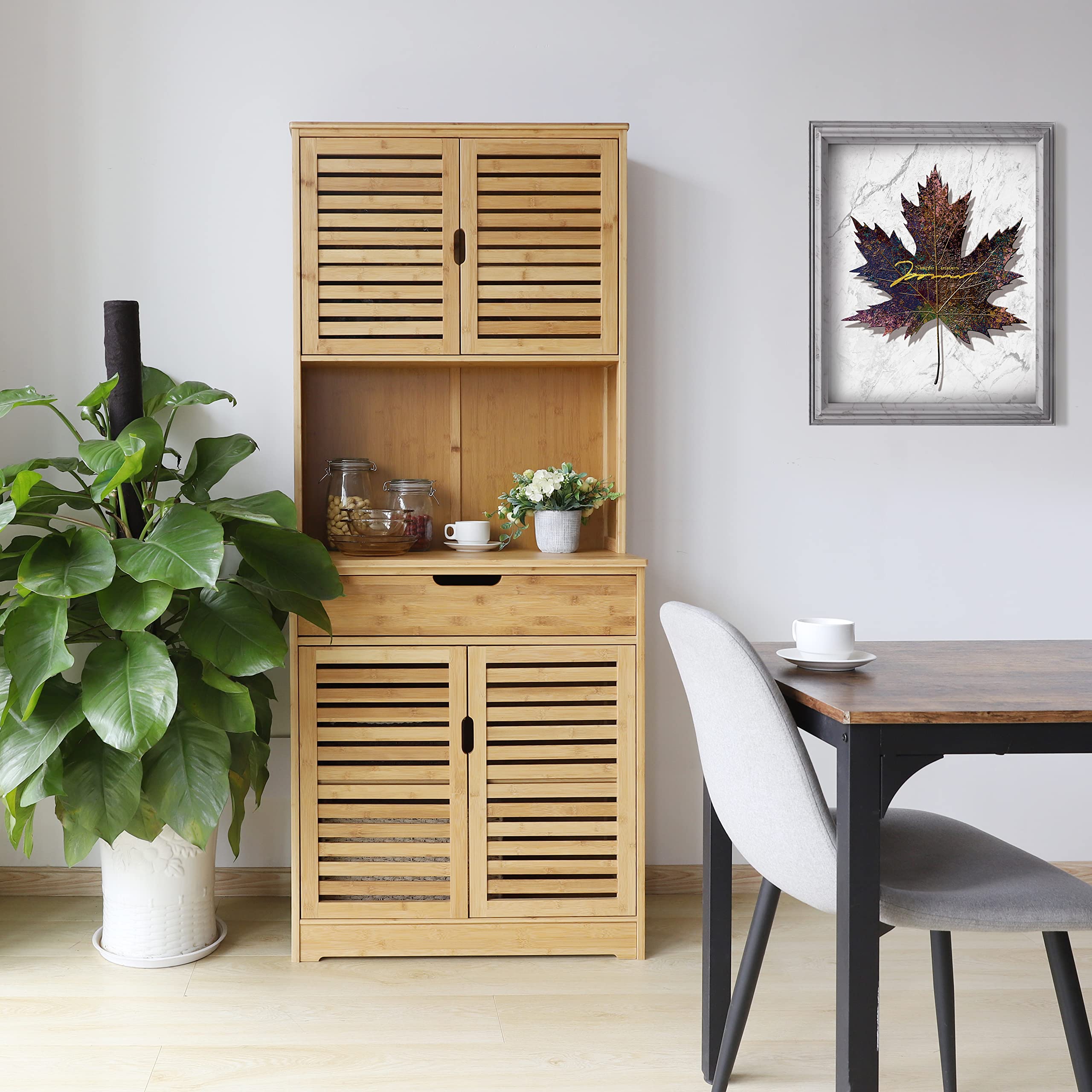 MUPATER 72 Inch Bamboo Kitchen Pantry Cabinet with Microwave Stand - Freestanding Storage Hutch with Shelves, Cupboard & Drawer for Home Organization - Perfect for Small Kitchens, Apartments & Dining Room Storage