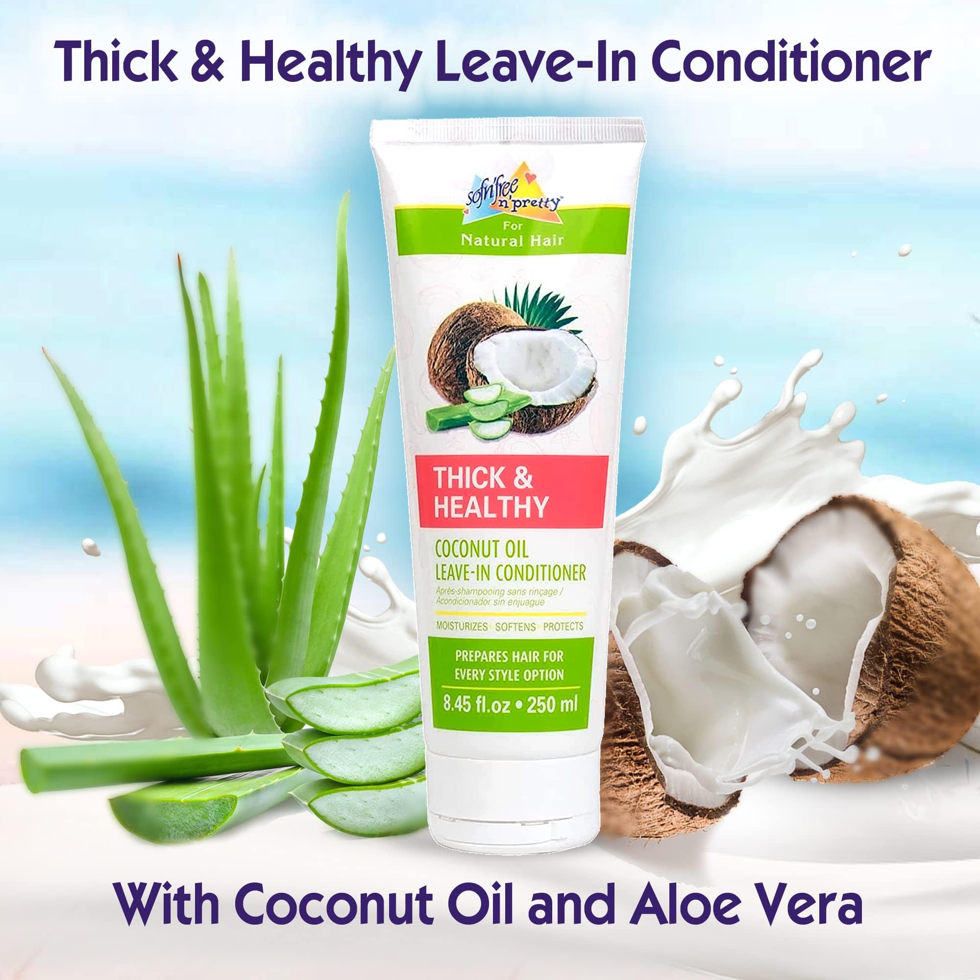 Sofn’Free n’Pretty - Thick & Healthy Coconut Oil Leave-in Conditioner for Curly Hair - Moisturizing & Softening Treatment with Coconut & Aloe Vera - Safe for Kids & Adults - 8.45 Fl Oz - Perfect for Daily Hair Care, Frizz Control & Heat Protection