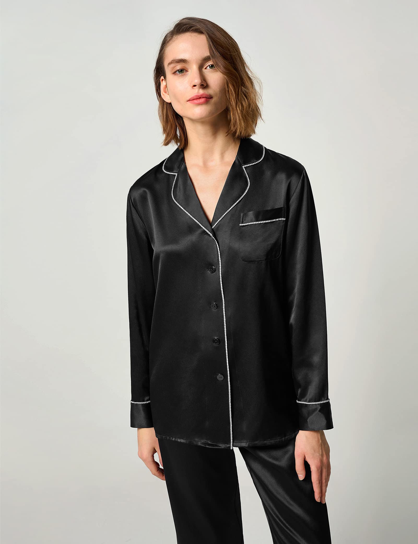 Luxury 100% Pure Silk Pajama Set for Women - Rhinestone Trim Long Sleeve Button Down Sleepwear & Loungewear | Perfect for Relaxing at Home, Spa Days, and Romantic Getaways
