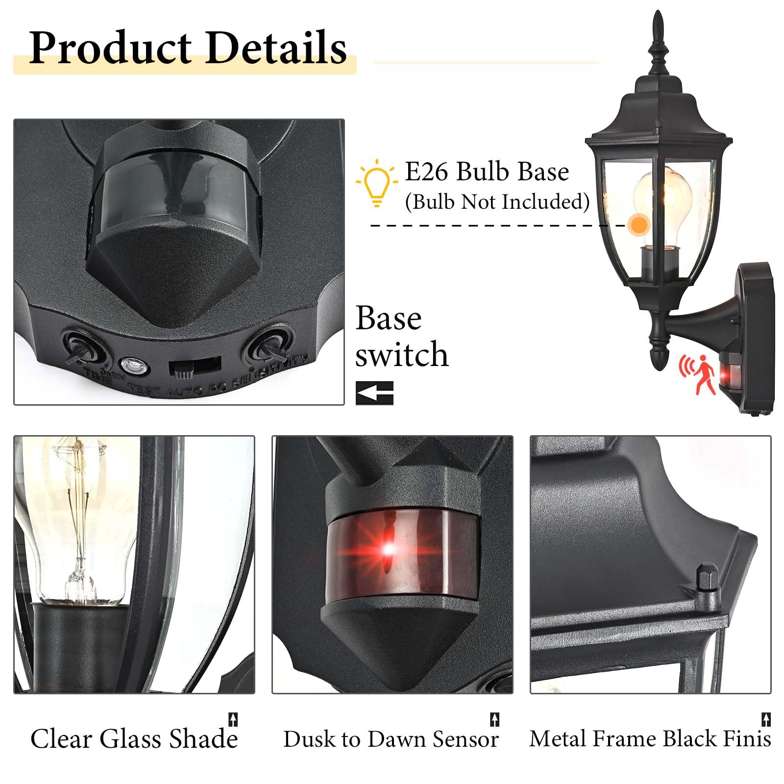 Outdoor Motion Sensor Wall Sconce - Rust-Resistant Aluminum Porch Light with Dusk to Dawn Sensor, Waterproof Exterior Wall Mount Lighting for House, Patio, Garden & Front Door Security