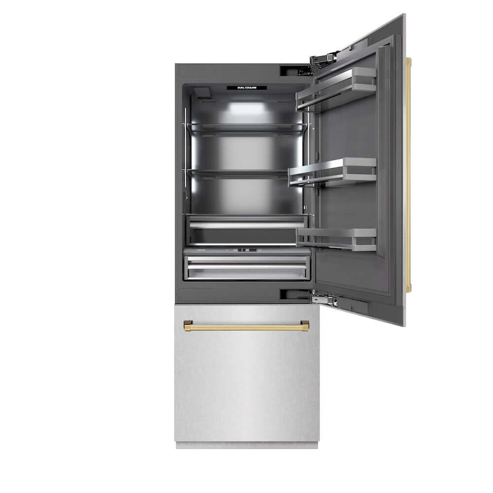 ZLINE Autograph Edition 30 Inch Built-In Bottom Freezer Refrigerator - 16.1 cu ft Capacity, Water Dispenser & Ice Maker - Satin Stainless Steel with Graphite Gray Interior & Polished Gold Accents (GRBIVZ SN 30 G) - Perfect for Modern Kitchens, Open Concept Homes & Luxury Appliances Collection