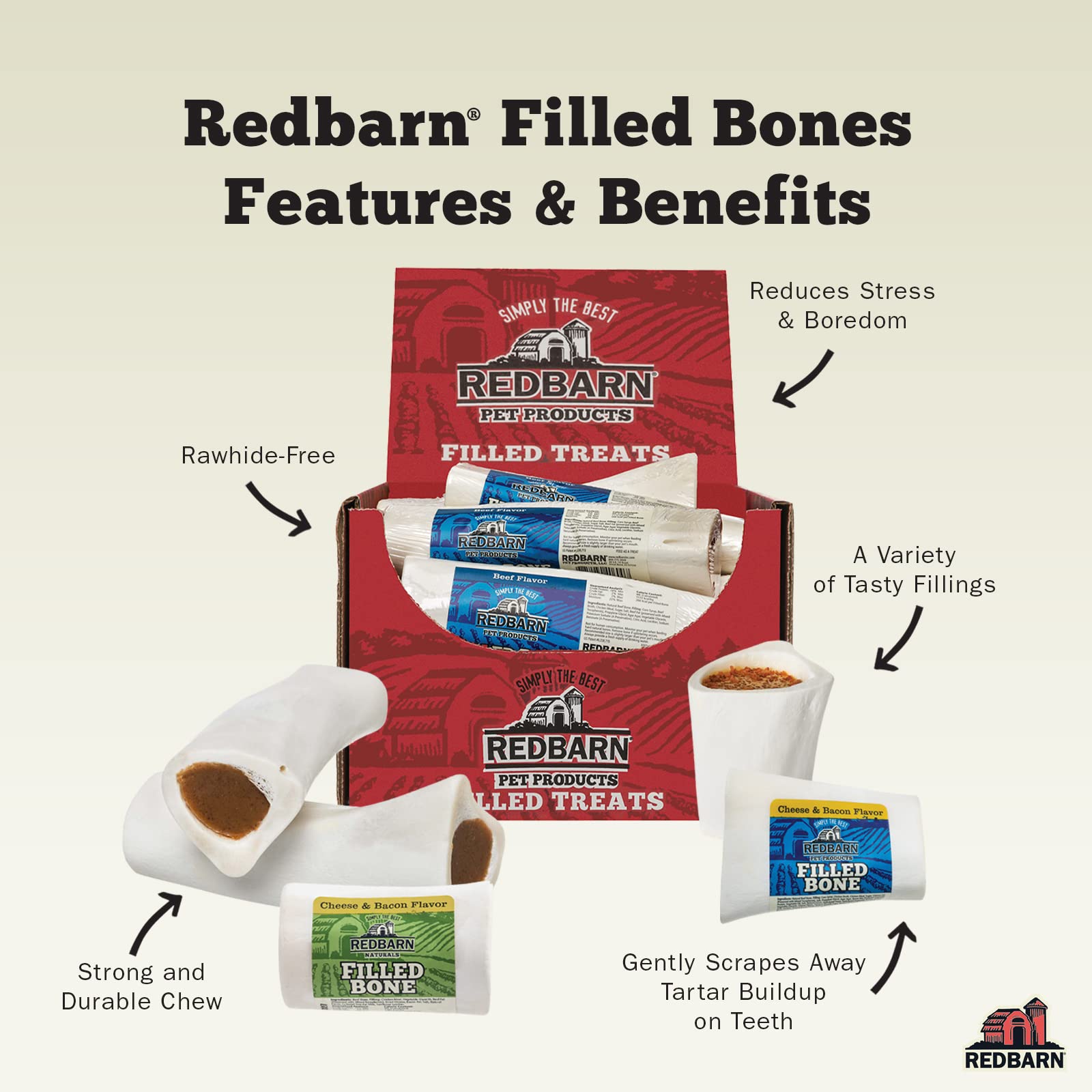 Redbarn Peanut Butter Filled Dog Bones - Long-Lasting Stuffed Femur Chew Treat for Small Dogs - Made in USA - 4 Count (Packaging May Vary) - Perfect for Training Rewards & Dental Health