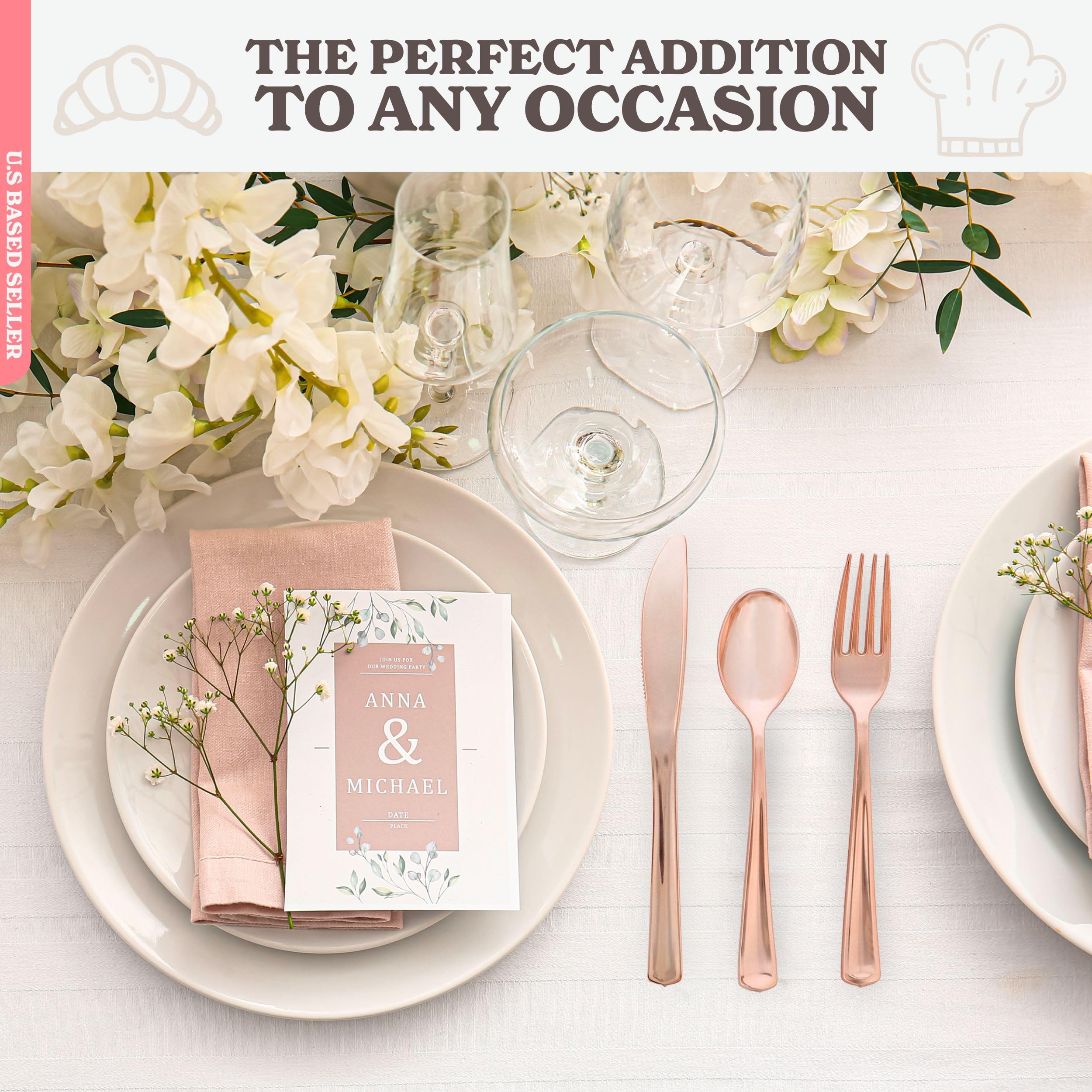 Rose Gold Disposable Silverware Sets for Weddings & Parties - 60-Piece Pre-Rolled Cutlery with Napkins | Elegant Plastic Utensils for Anniversaries, Events & Special Occasions | Perfect for Catering, Picnics & Formal Dinners
