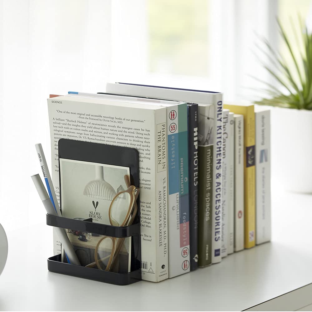 Yamazaki Home 6873 Black Metal Bookend Set - Heavy Duty Book Holder for Shelves, Desks & Office Organization - Perfect for Home, Office & Library Use