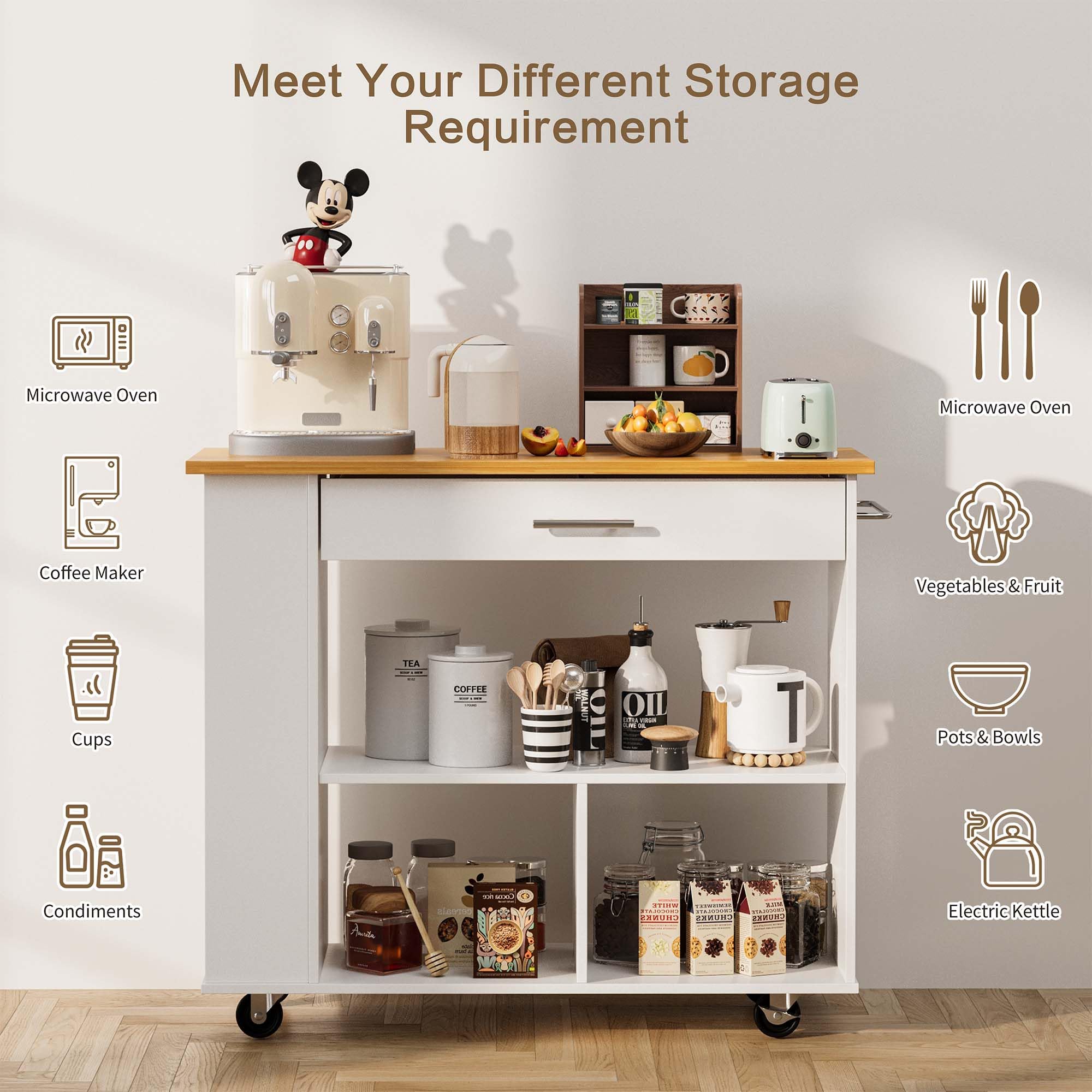 SUNLEI 3-Tier Rolling Kitchen Cart with Spice Rack & Storage Cabinet - Lockable Wheels, Towel Handle & 2 Open Shelves - White | Mobile Kitchen Island Organizer for Small Spaces, Pantry Storage & Cooking Station