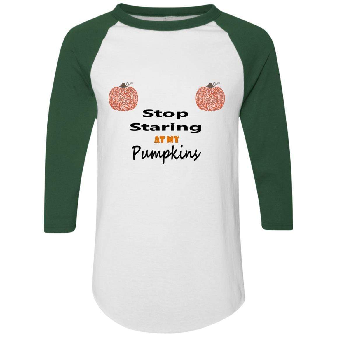 WineyBitches.Co Stop Staring At My Pumpkins Colorblock Raglan Jersey - Trendy Women's Fall Sweatshirt for Halloween, Thanksgiving & Cozy Seasonal Outfits