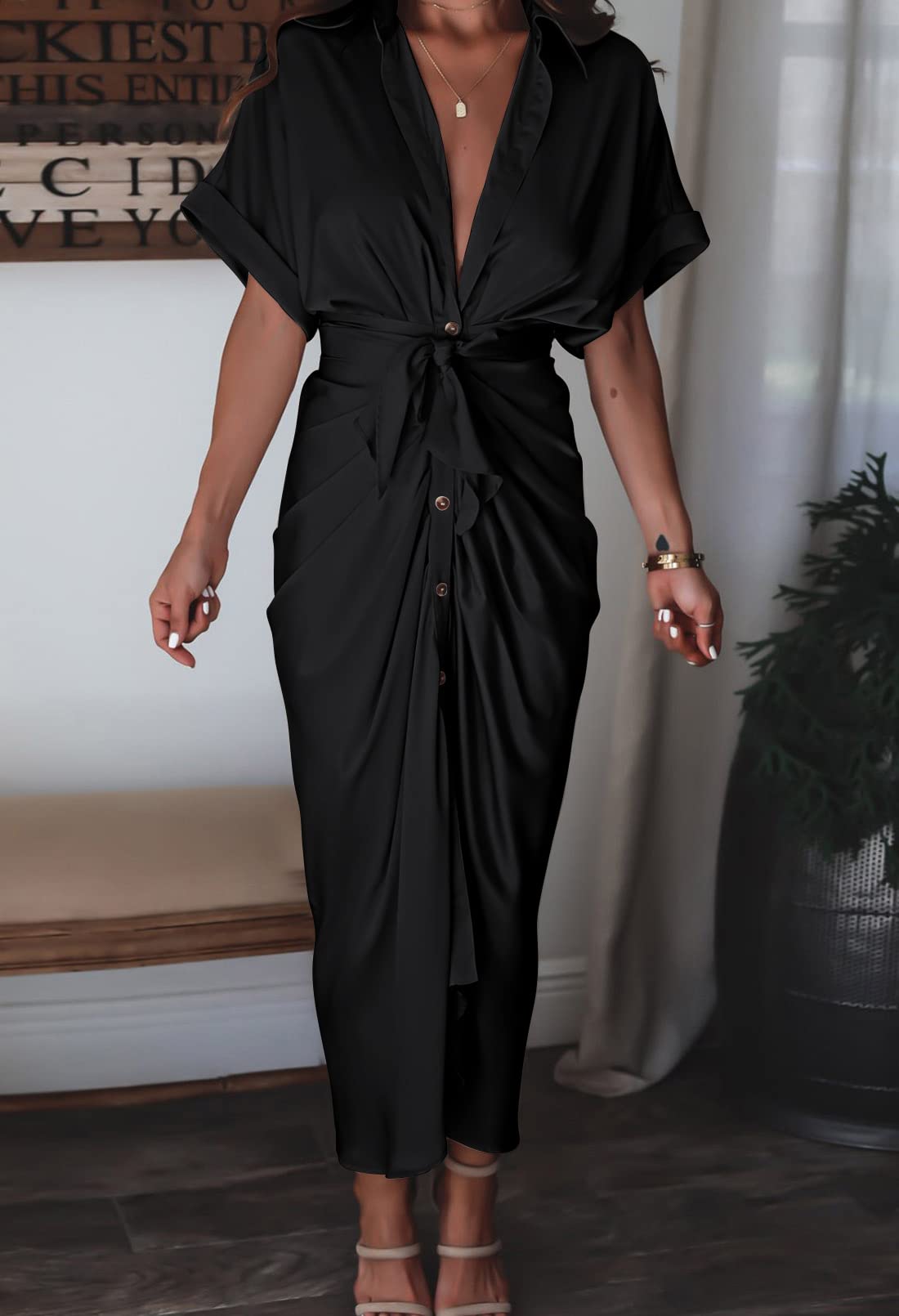 Elegant Women's Satin Button Down Short Sleeve Maxi Shirt Dress with Belt - Perfect for Summer Outings, Beach Vacations & Casual Office Wear
