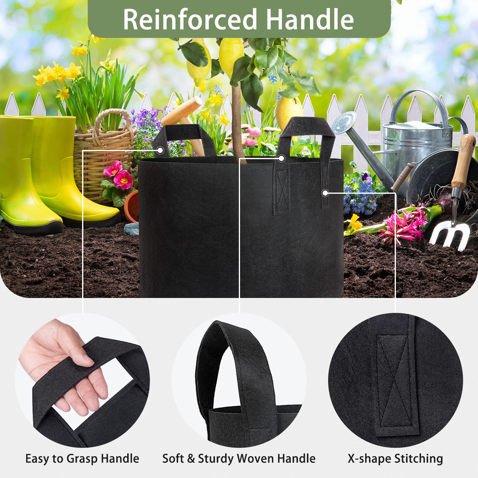 GreatBuddy 10 Gallon Grow Bags 12-Pack - Heavy Duty Fabric Plant Pots with Sturdy Handles & Reinforced Stitching - Includes Free Plant Labels - Ideal for Indoor/Outdoor Gardening, Vegetables, Flowers & Herbs
