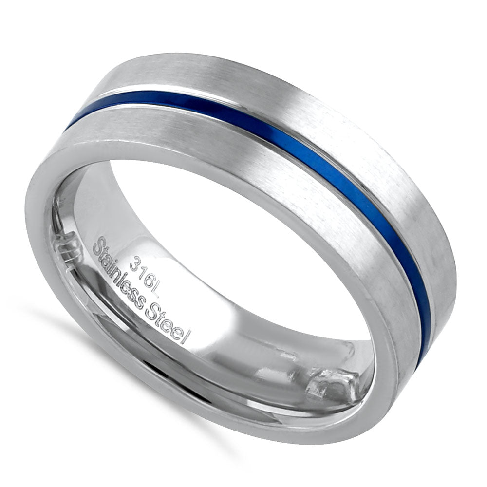 Stainless Steel 6.5mm Satin Finish Blue Striped Band Ring for Men & Women - Fashion Jewelry Gift for Anniversary, Wedding, Party & Everyday Wear