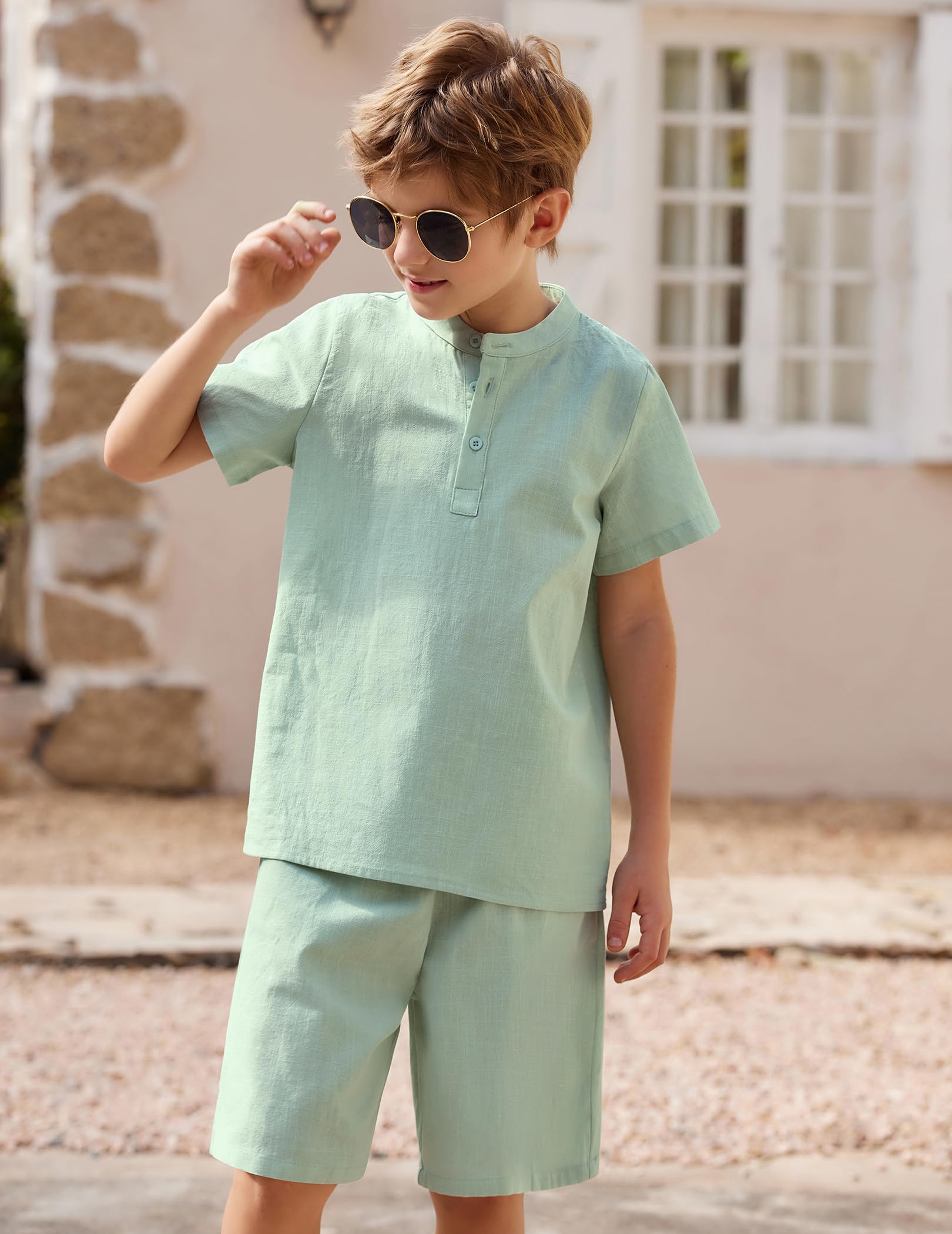 Arshiner Boys' 2-Piece Cotton Linen Outfit - Casual Henley Shirt & Short Sleeve Beach Shorts Set for Summer (Ages 5-12) - Perfect for Beach Vacations, Playdates & Outdoor Adventures