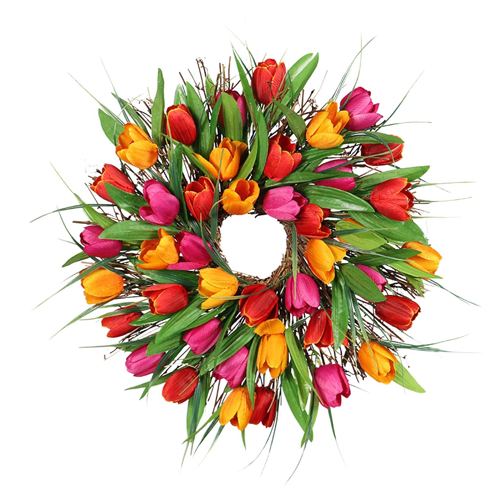 17 Inch Artificial Tulip Wreath - Multicolor Flower & Long Leaf Garland for Wall, Door, Window Decor - Farmhouse Floral Hanging Decoration for Spring, Outdoor, Wedding, Party & Home Décor
