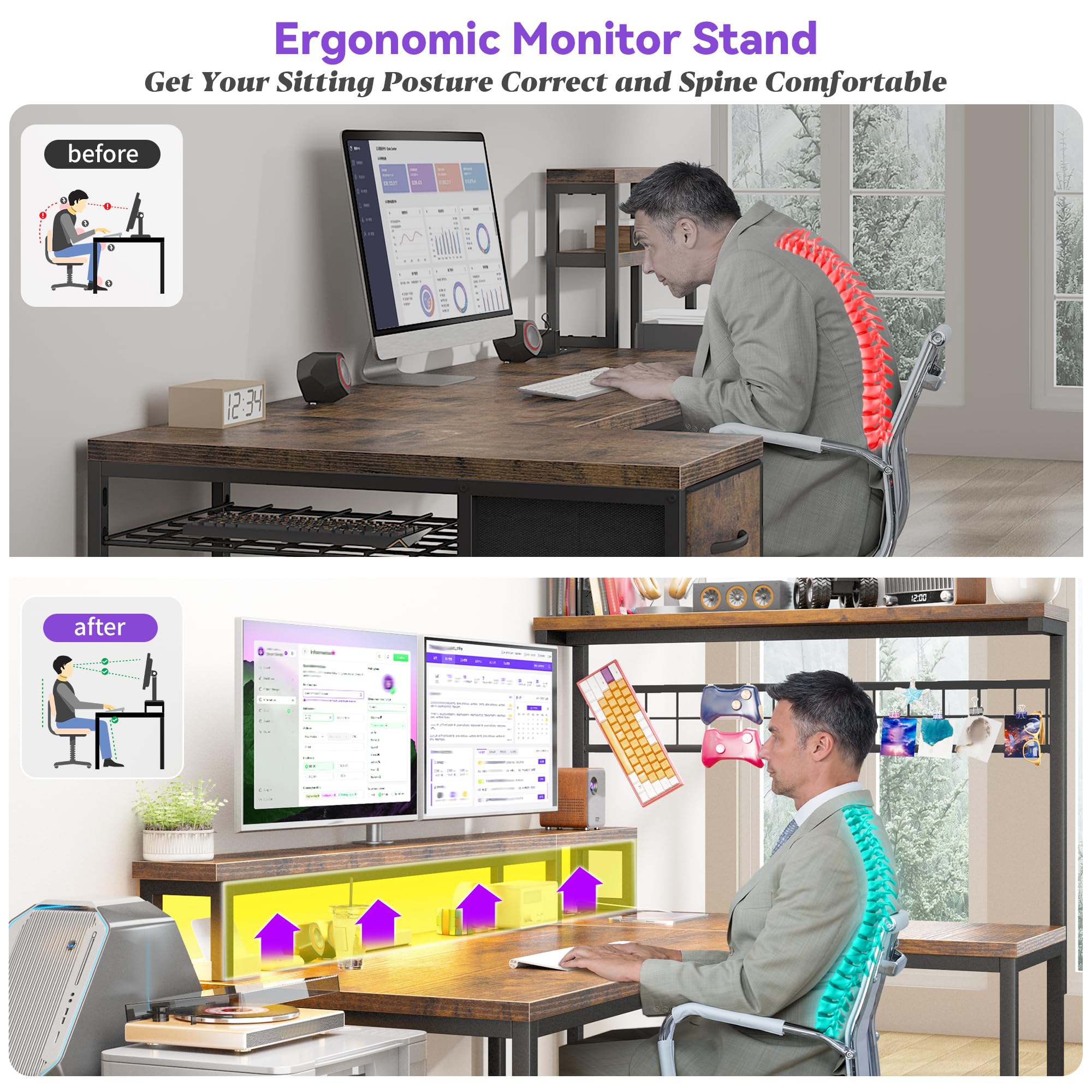 EnHomee L-Shaped Gaming Desk with Shelves, LED Lights & Power Outlets - Rustic Brown Computer Workstation for Home Office & Gaming Setup
