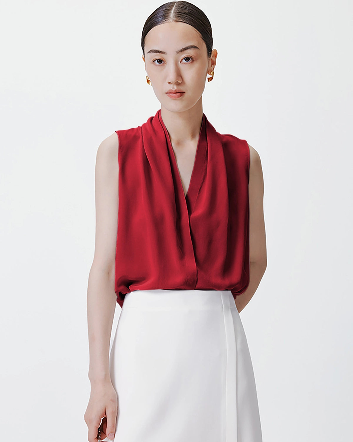 Elegant V-Neck Pleated Silk Tank Top for Women - Breathable & Luxurious Summer Blouse for Casual Wear, Office, and Evening Outings