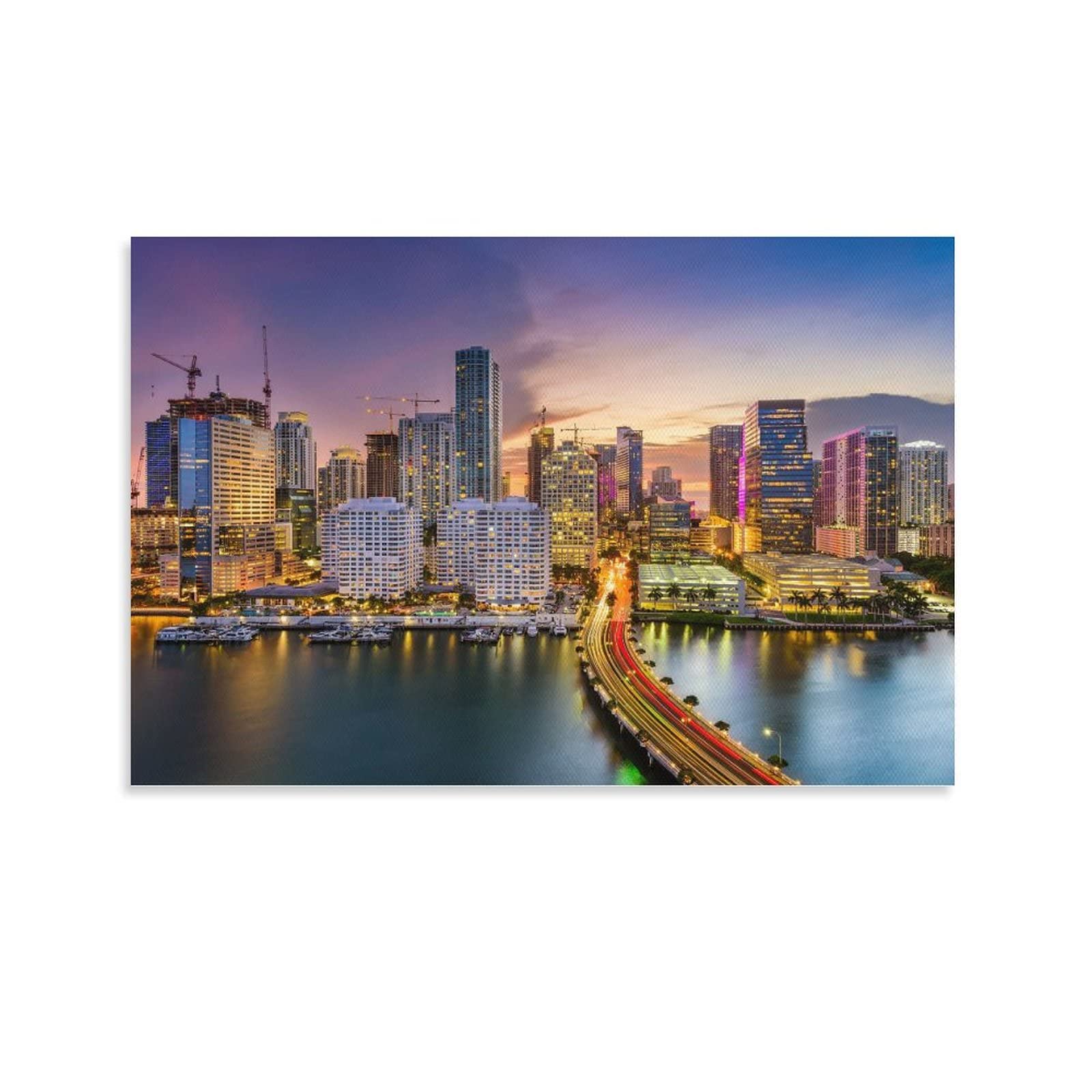 Miami Florida Downtown City Skyline Sunset Beach Palm Tree Landscape Canvas Wall Art Print - 24x36 inches (60x90cm) - Modern Poster for Living Room, Bedroom, Office Decor - Perfect for Coastal, Tropical & Urban Home Aesthetics