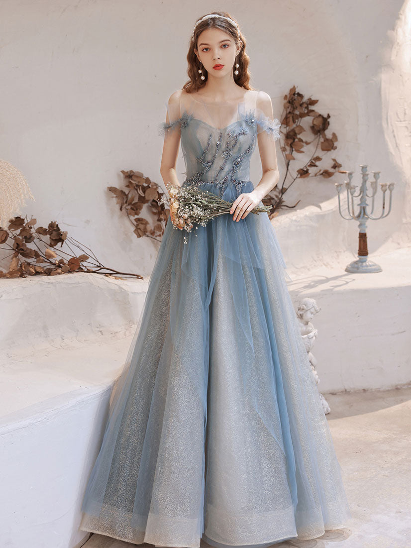 Elegant Blue Tulle Off Shoulder Beaded Long Prom Dress for Women - Formal Evening Gown for Homecoming, Wedding, and Special Occasions