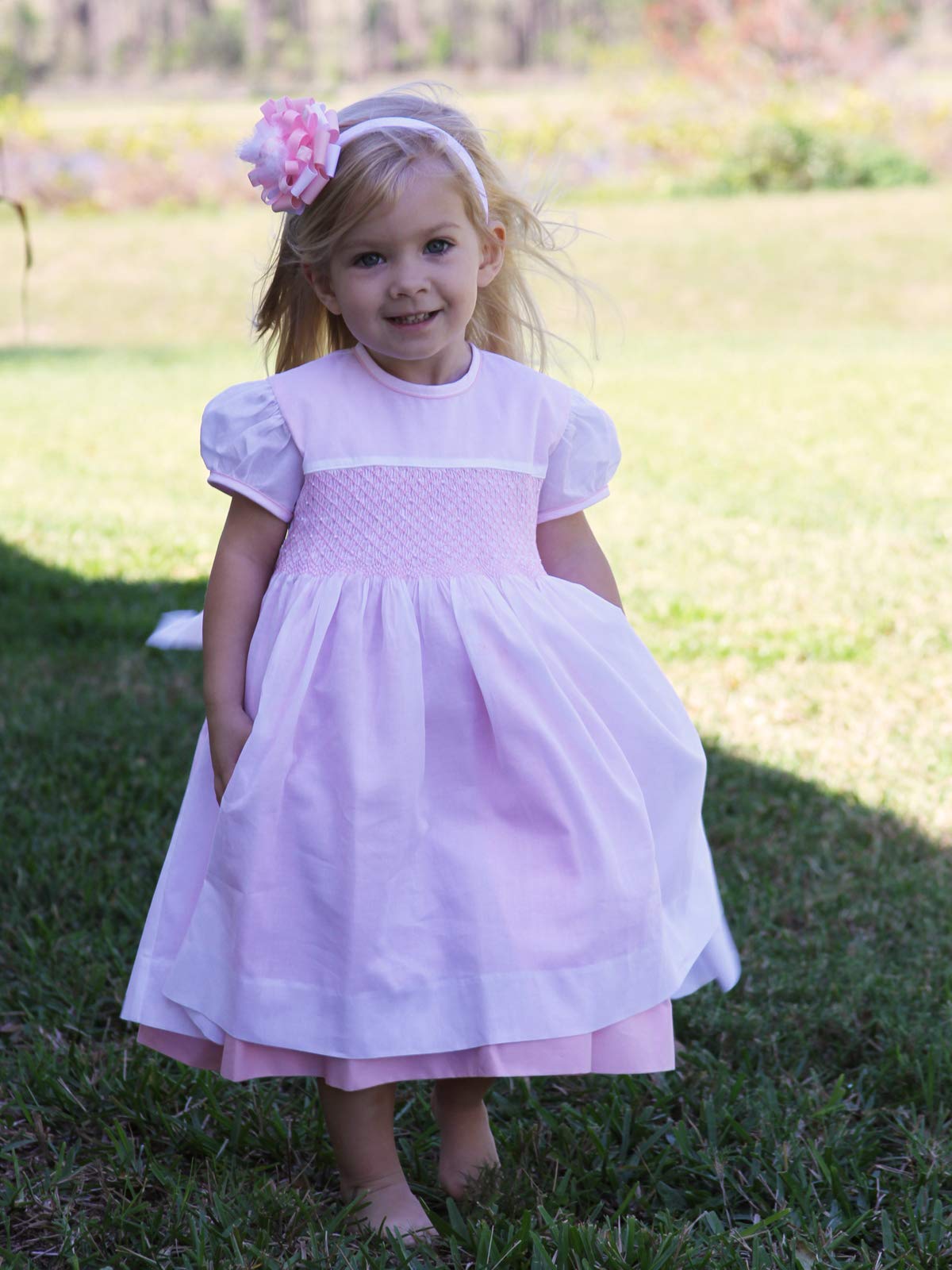 Elegant White and Pink Girls Easter Dress - Hand-Smocked Short Sleeves for Spring Celebrations & Family Photos