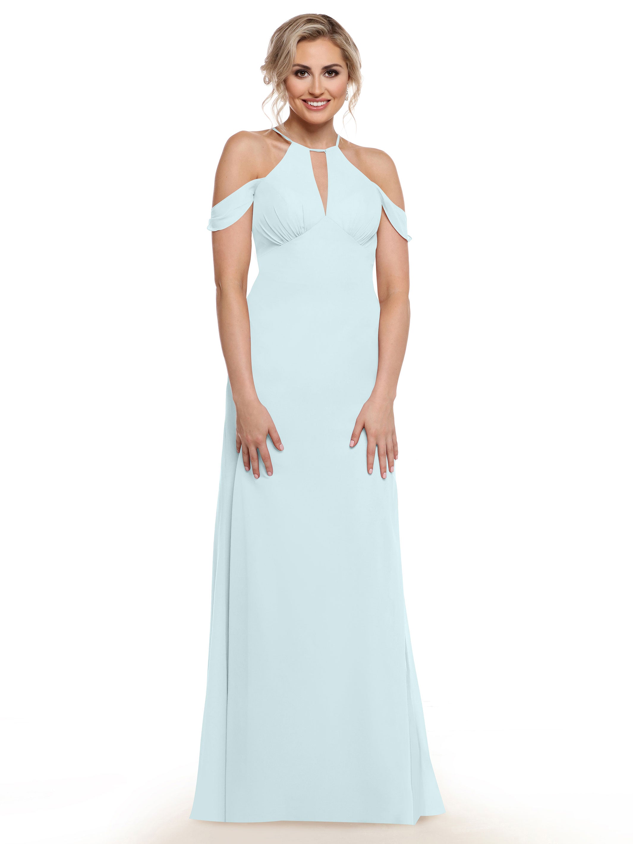 Elegant Off-The-Shoulder Chiffon Bridesmaid Dress with Halter Neckline - Perfect for Weddings, Formal Events & Special Occasions