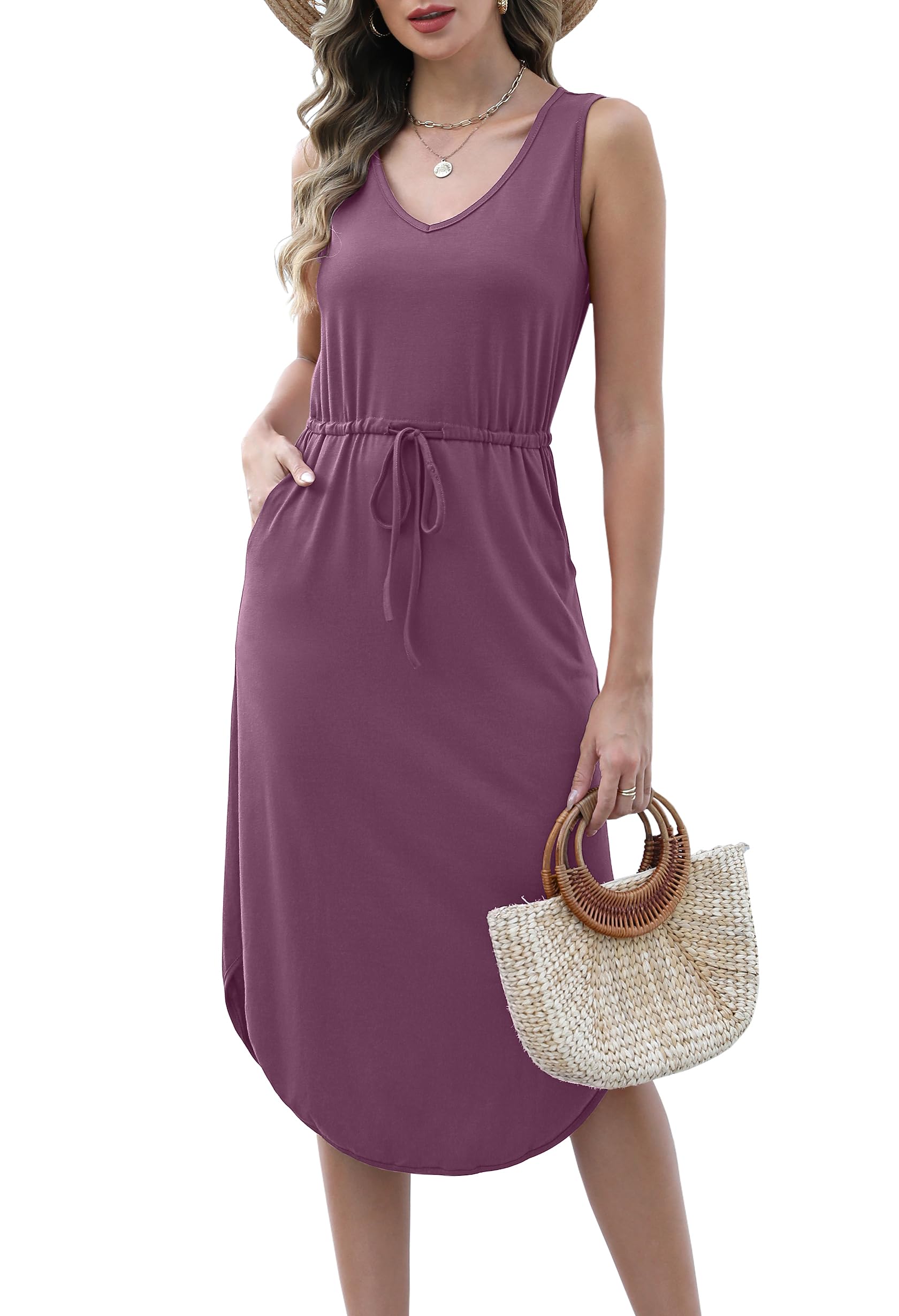 Women's V-Neck Sleeveless Casual T-Shirt Dress - Summer Midi Dress with Pockets - Perfect for Beach, Vacation & Everyday Wear
