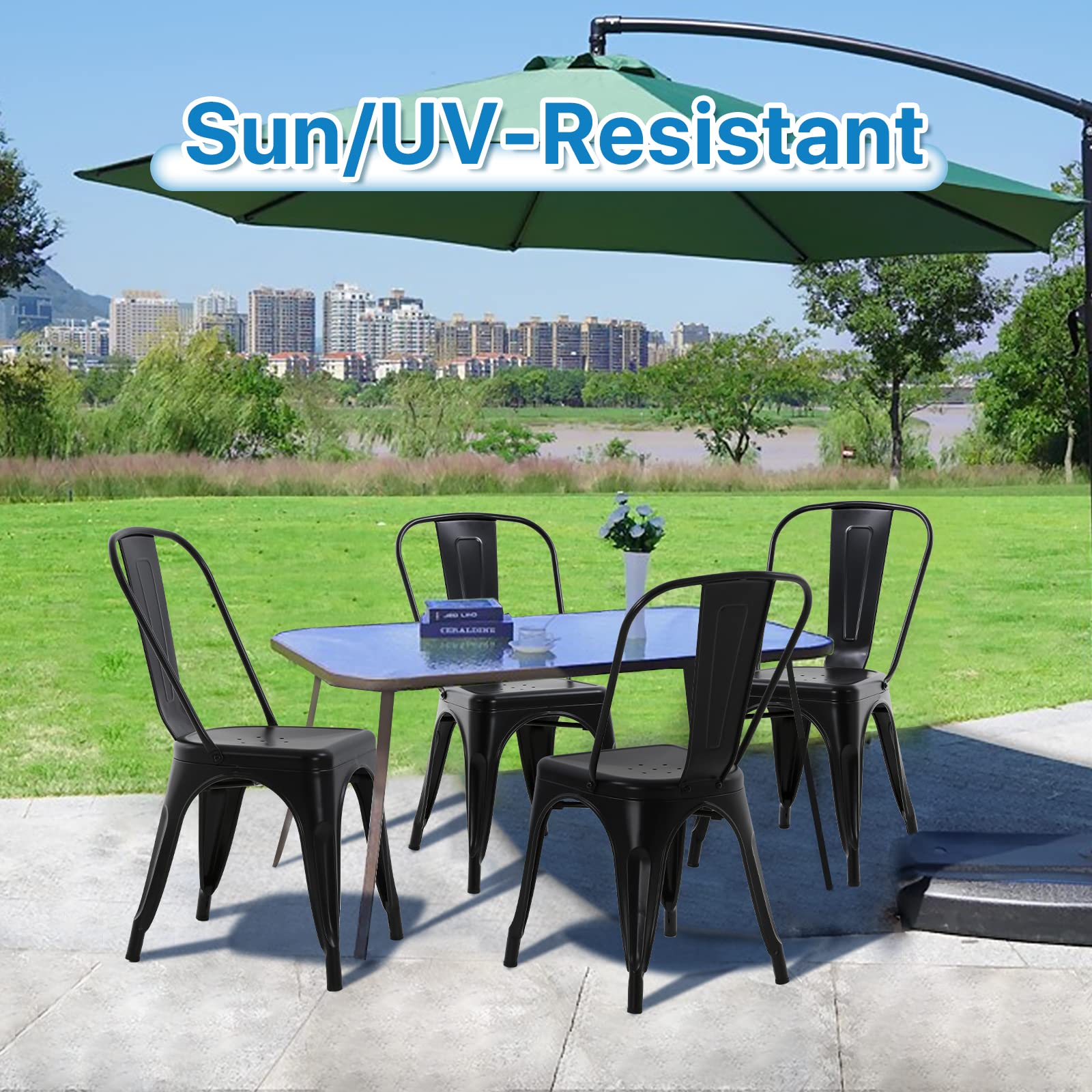 Tolix Metal Dining Chairs Set of 2 - 18 Inch Seat Height Stackable Indoor Outdoor Black - Perfect for Patio, Restaurant, Cafe and Home Dining Room
