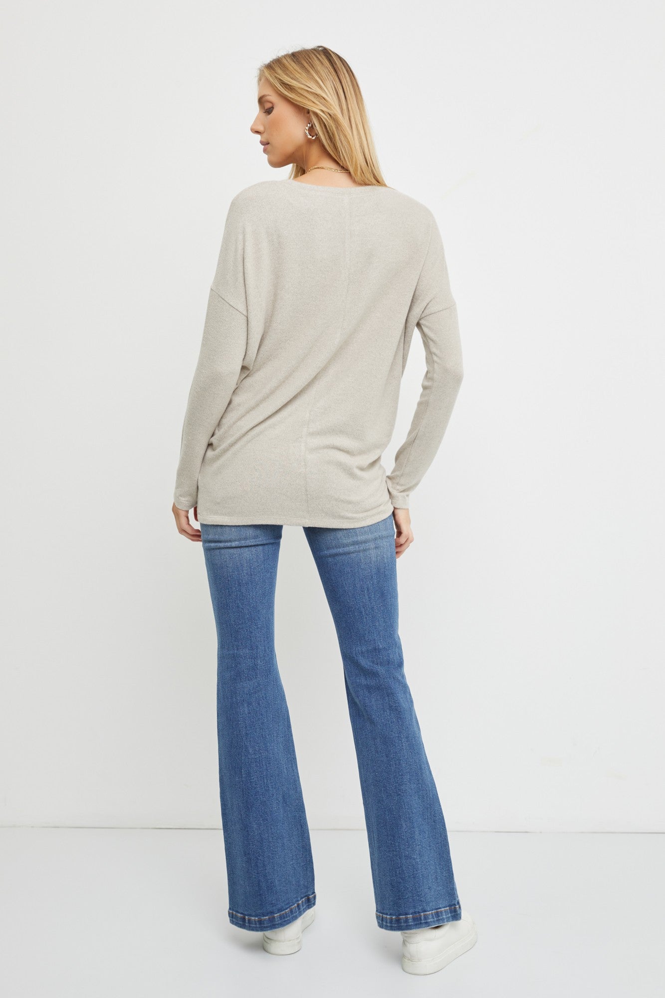 Women's Beige Knit Long Sleeve T-Shirt - Soft Comfortable Casual Blouse for Fall & Winter - Perfect for Office, Date Night and Layering Outfits