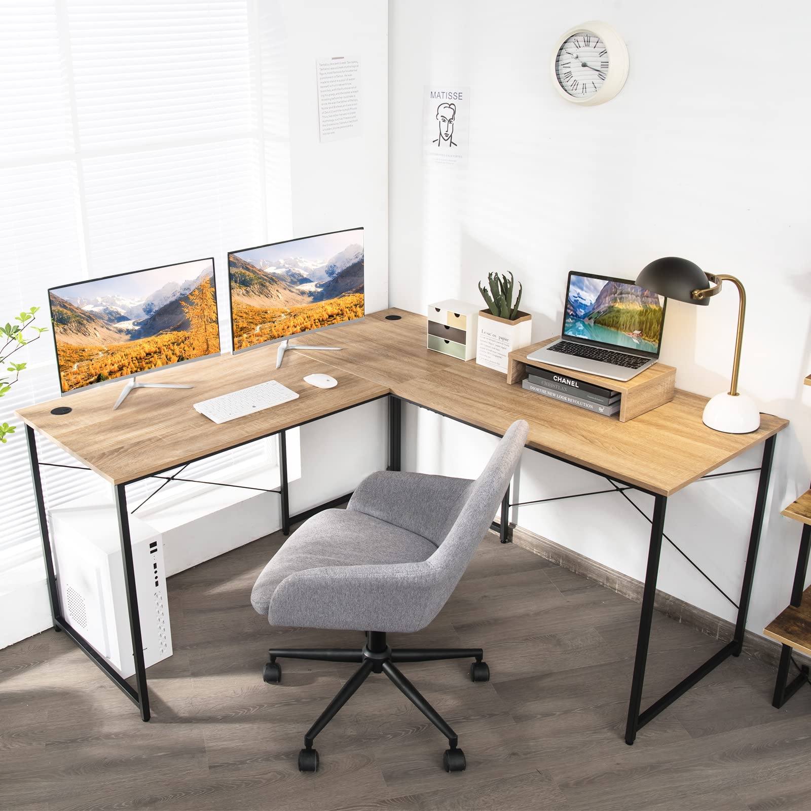 Tangkula 95 Inch L-Shaped Reversible Corner Computer Desk with Monitor Stand & Cable Management - Spacious 2-Person Home Office Desk for Gaming, Study & Work - Natural Wood Finish (Perfect for Small Spaces & Shared Workstations)