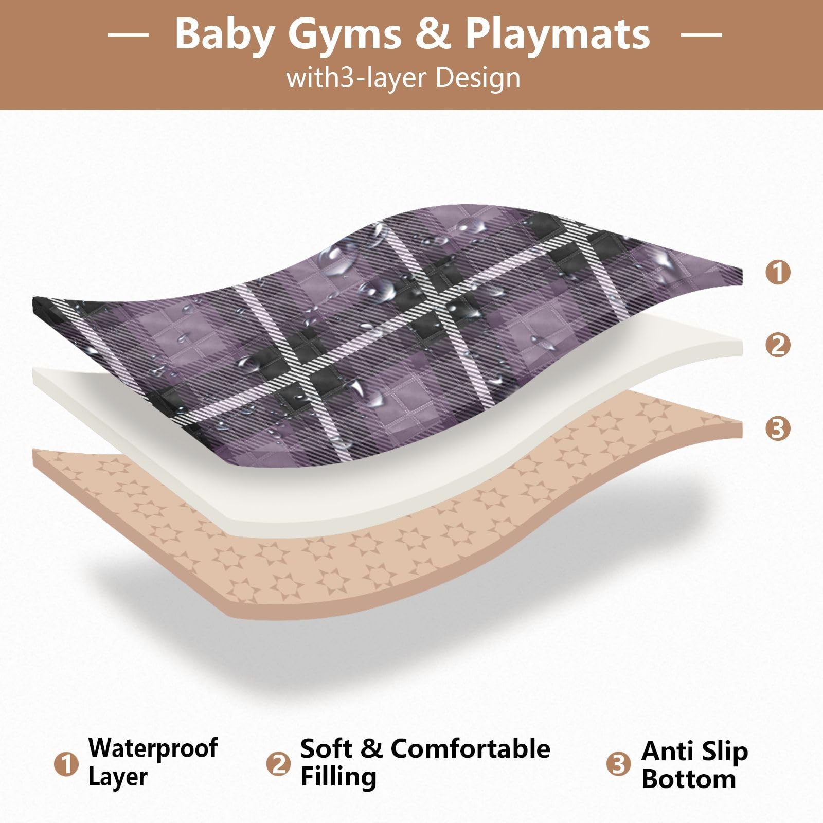 Plaid Buffalo Purple Peach Large Baby Gym & Waterproof Activity Play Mat for Infants, Toddlers & Kids - 50'' x 50'' - Perfect for Nursery, Playroom & Travel